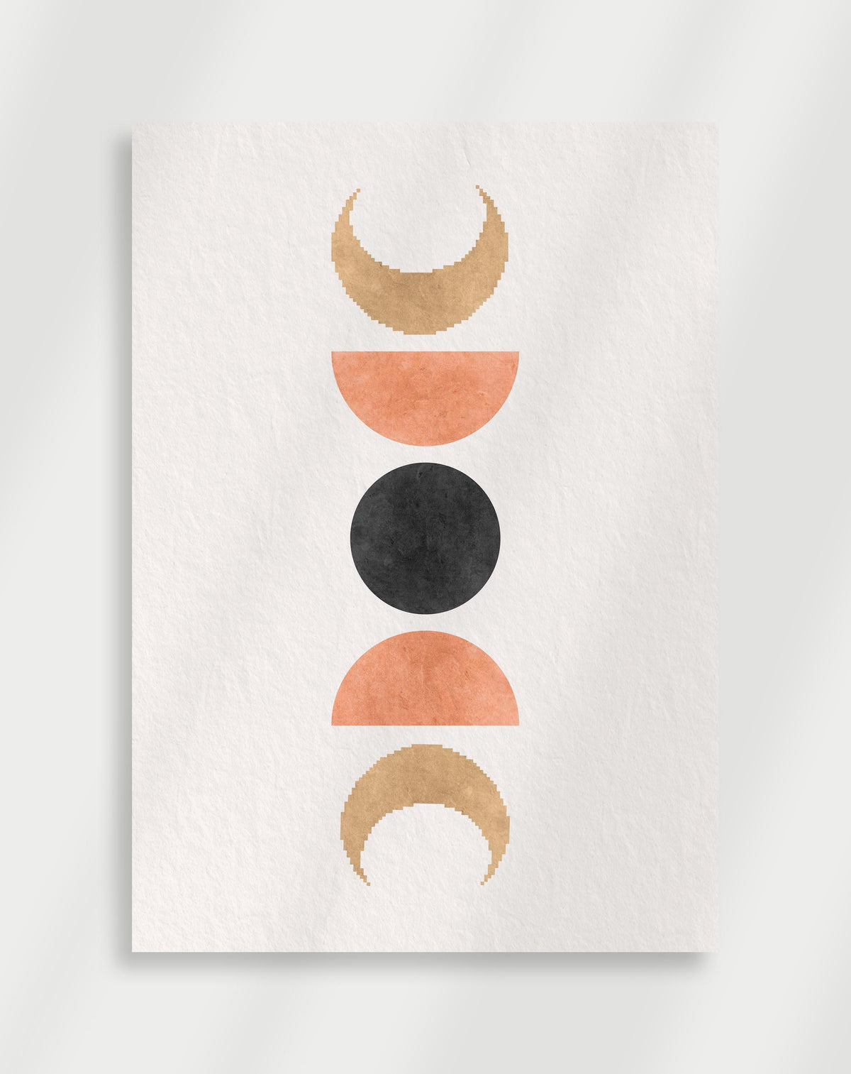 Boho moon phases poster with a vertical series of moon phases and shapes in earth tones on a white background