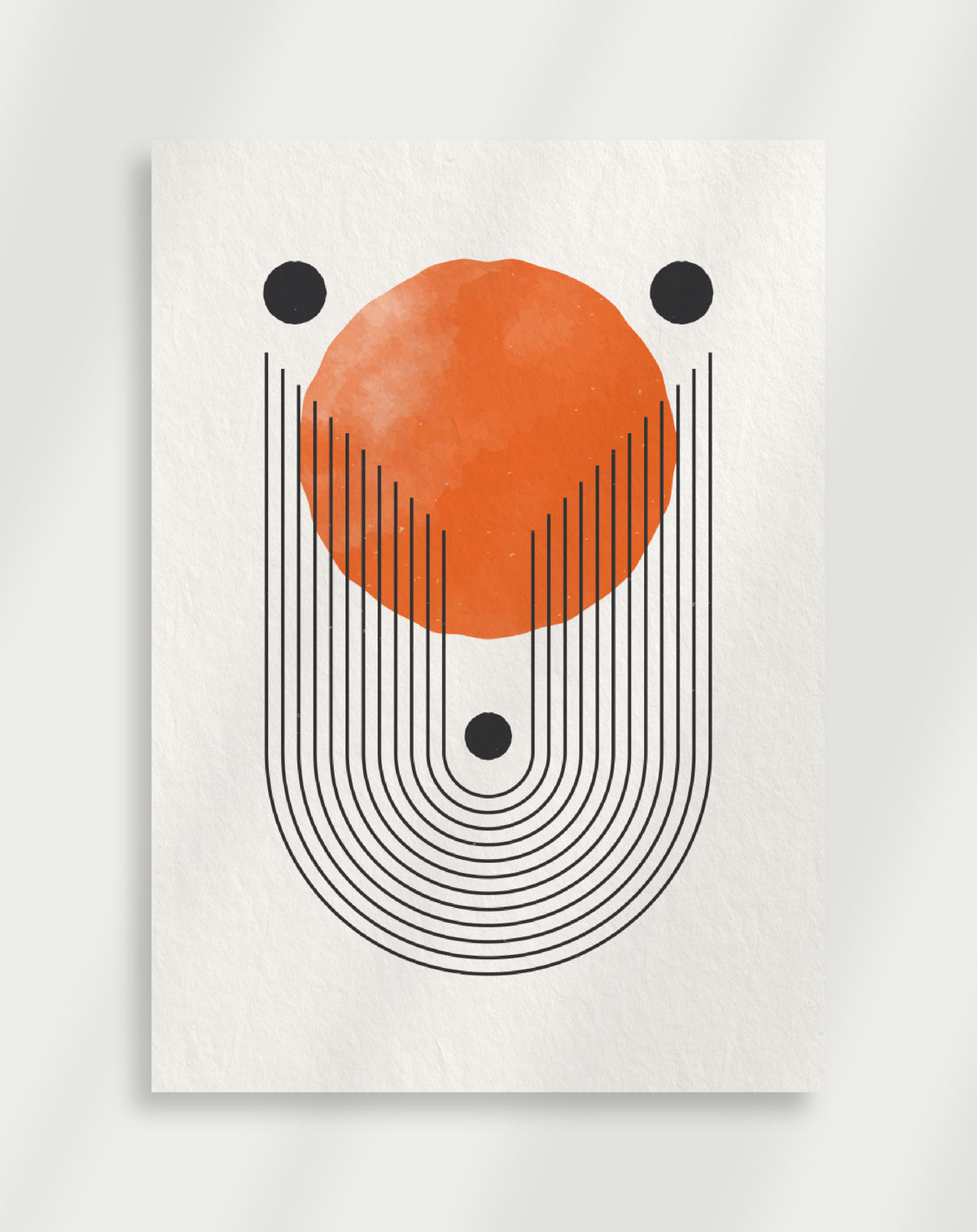 Boho orange circle arches poster with a minimalist geometric composition of a large orange circle and black concentric arches