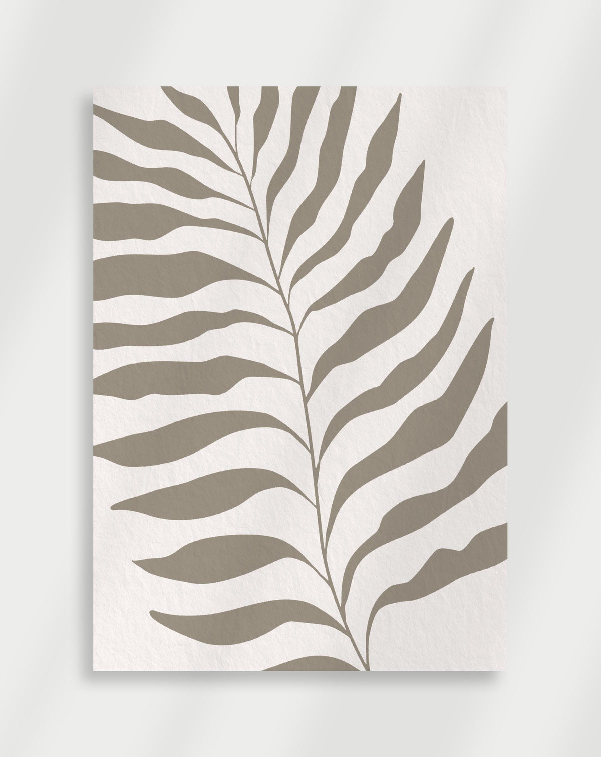 Boho palm leaf silhouette taupe poster with a minimalist taupe silhouette of a palm leaf on a white background