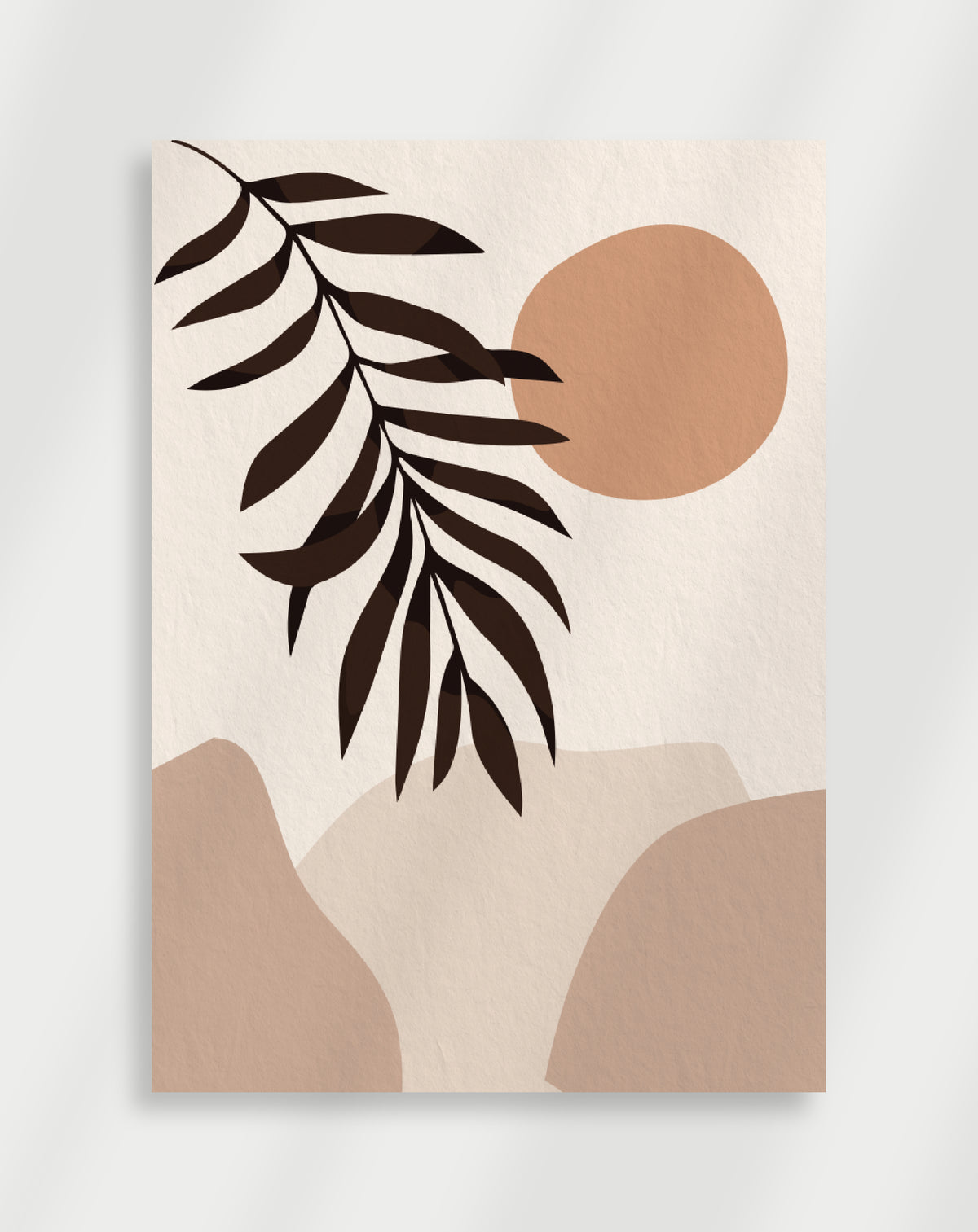 Boho palm leaf sun poster with a minimalist composition of a dark brown palm leaf, a terracotta circle and beige abstract hills