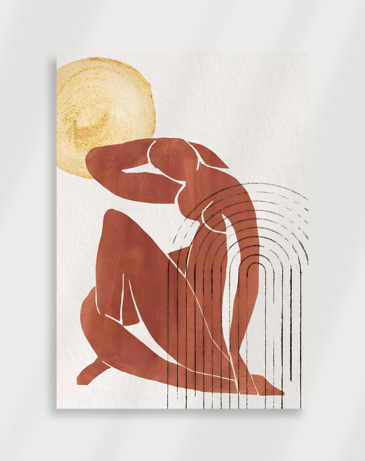 Boho seated figure sun poster with a stylized abstract seated figure in terracotta tones and a yellow sun on a white background
