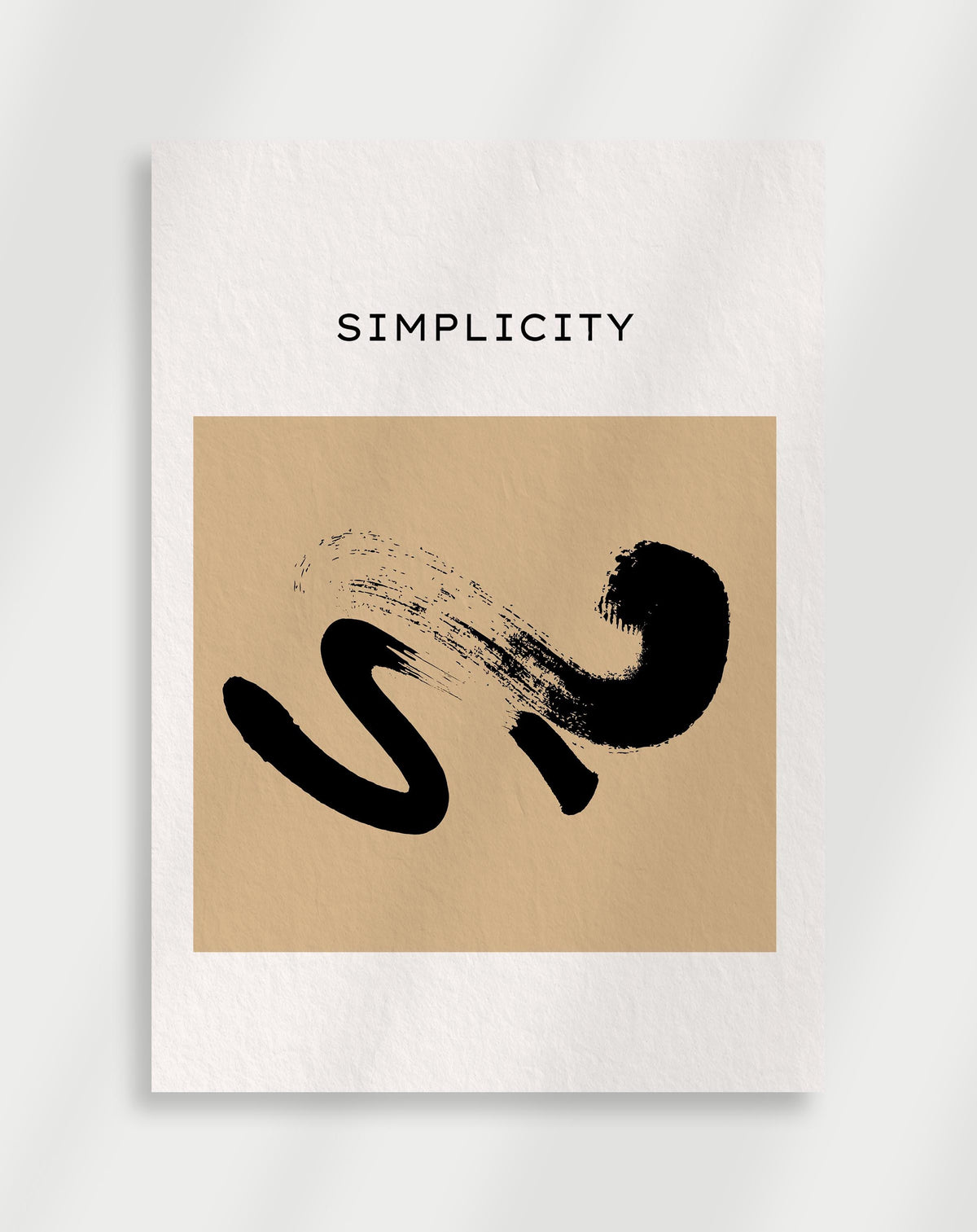 Boho simplicity brushstroke poster with a minimalist black brushstroke shape on a beige background labeled Simplicity