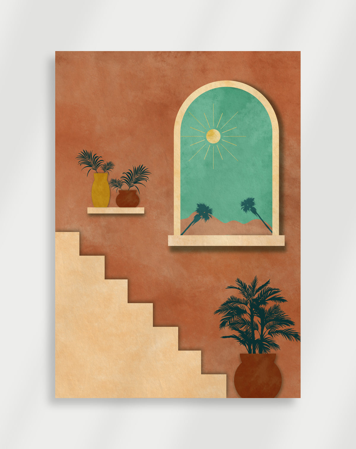 Boho stairs arched window poster with a minimalist architectural illustration of stairs, an arched window with sun and palms, and potted plants