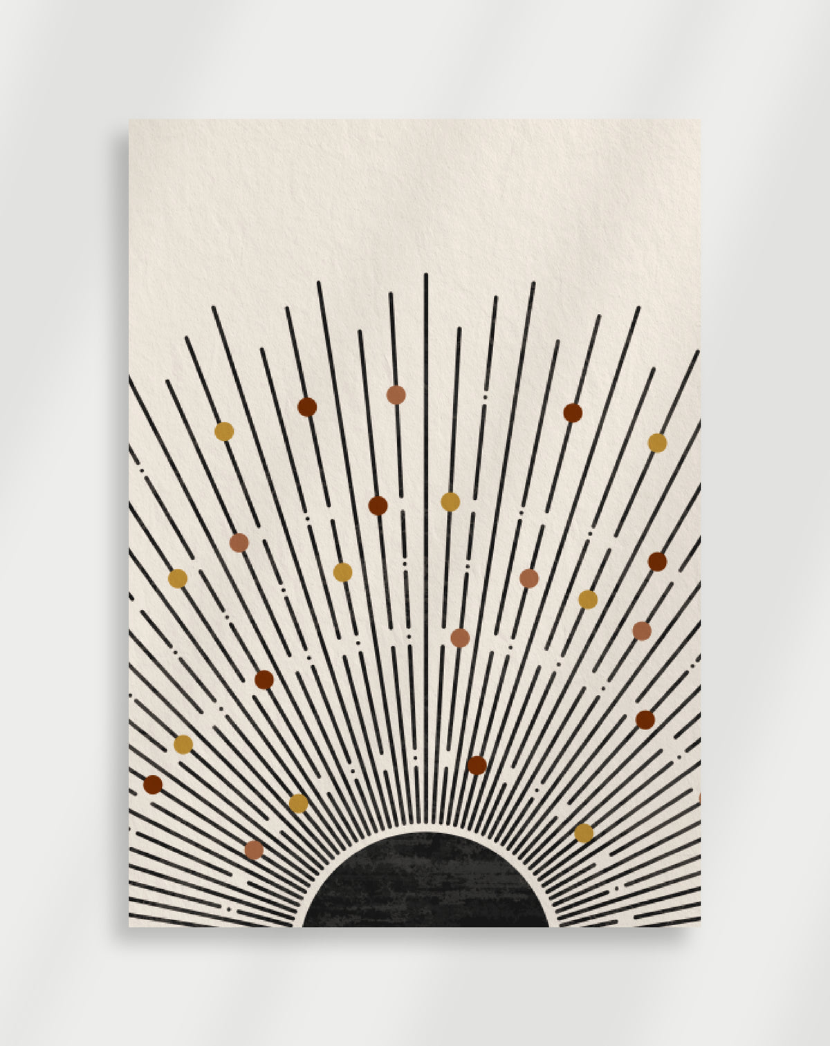 Boho sunburst dots poster with a minimalist sunburst composition of black radiating lines, small colored dots and a black semi-circle