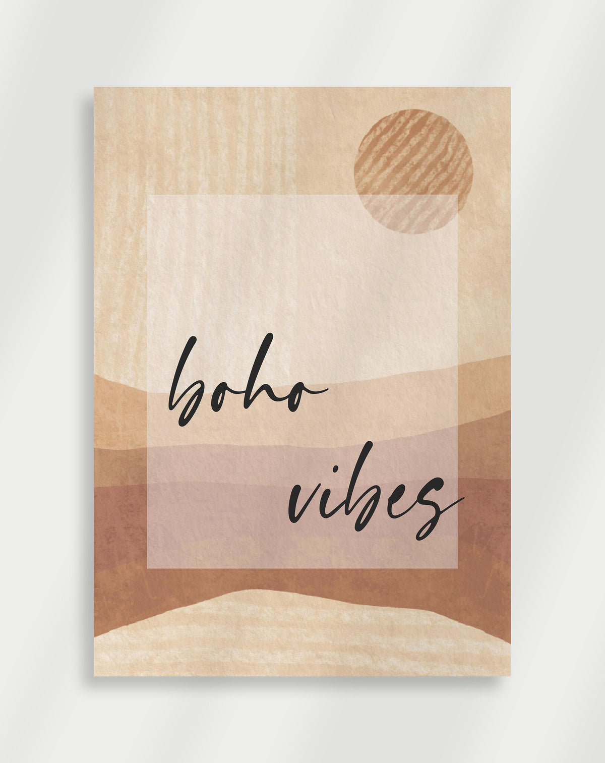 Boho vibes landscape poster with an abstract landscape of layered hills in beige and terracotta tones with a striped circle labeled boho vibes