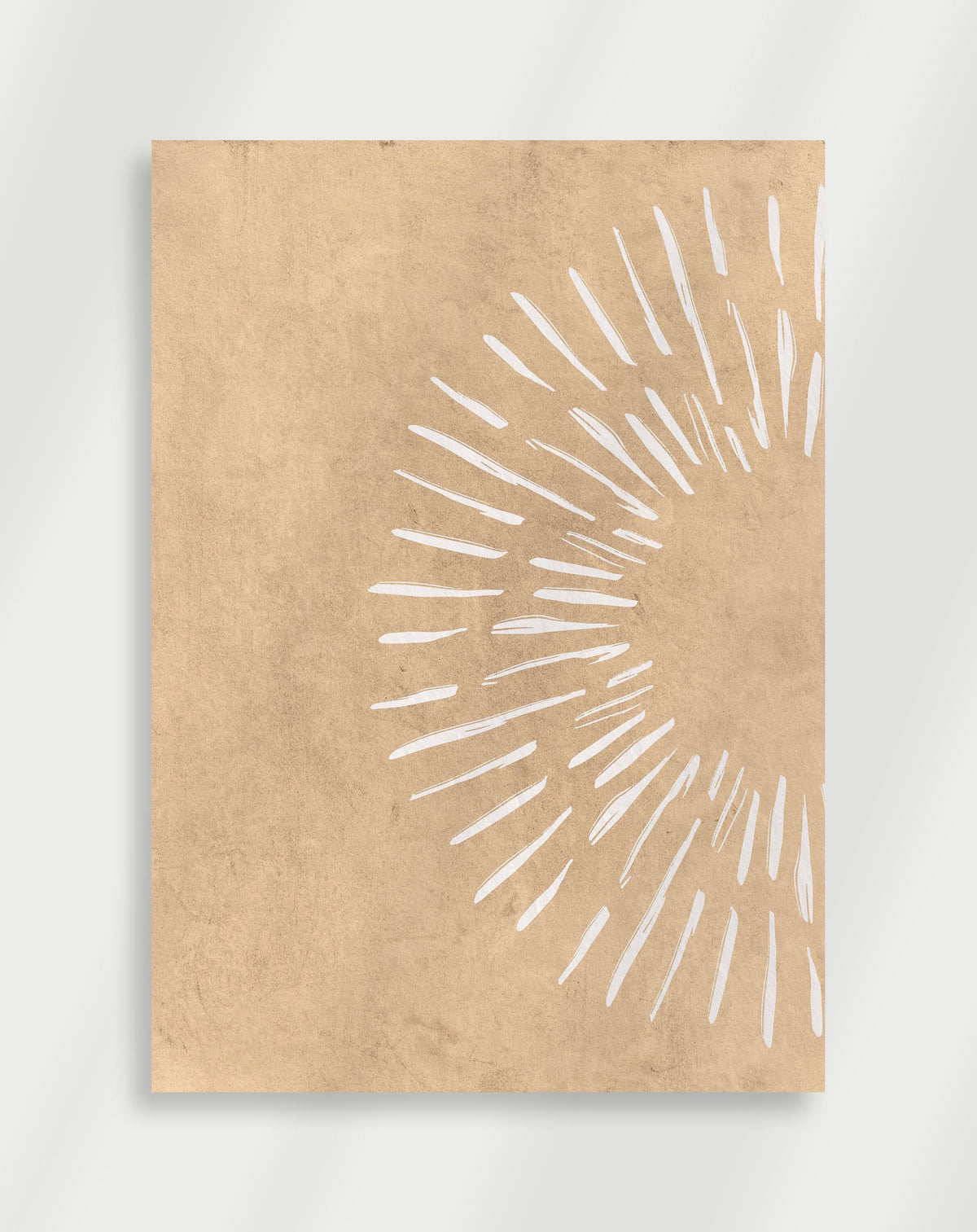 Boho white brushstrokes beige poster with white brushstrokes radiating outward in a semi-circular pattern on a textured beige background