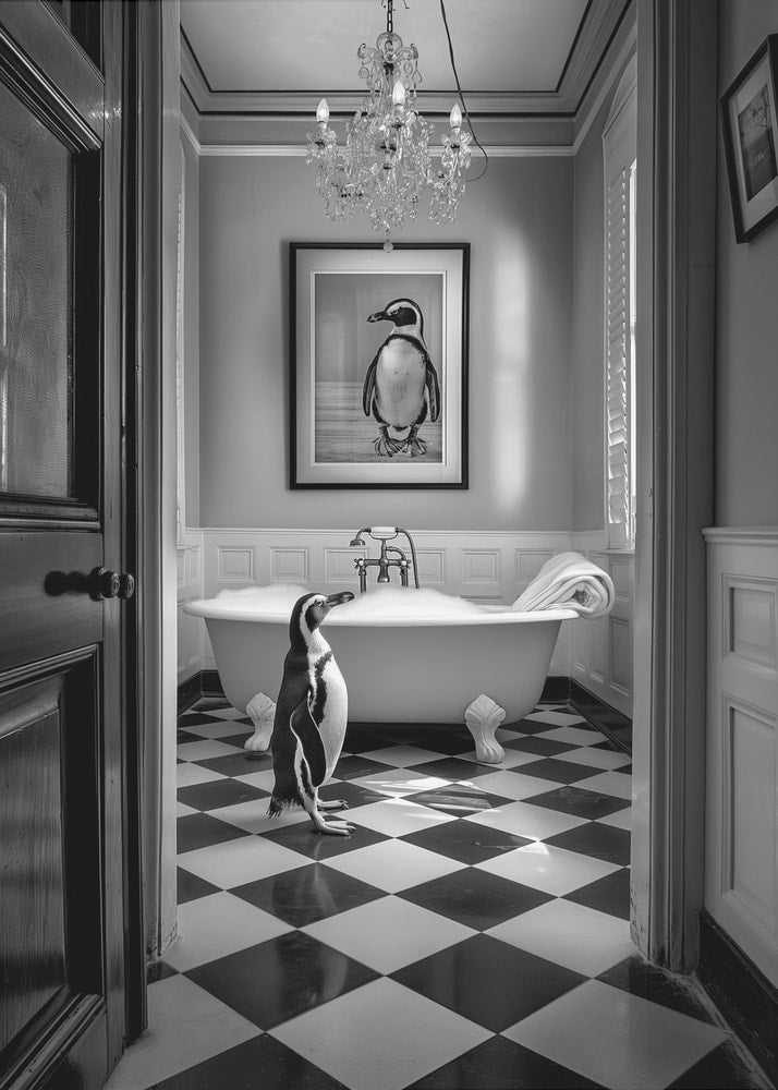 Curious Penguin Bathtime Poster