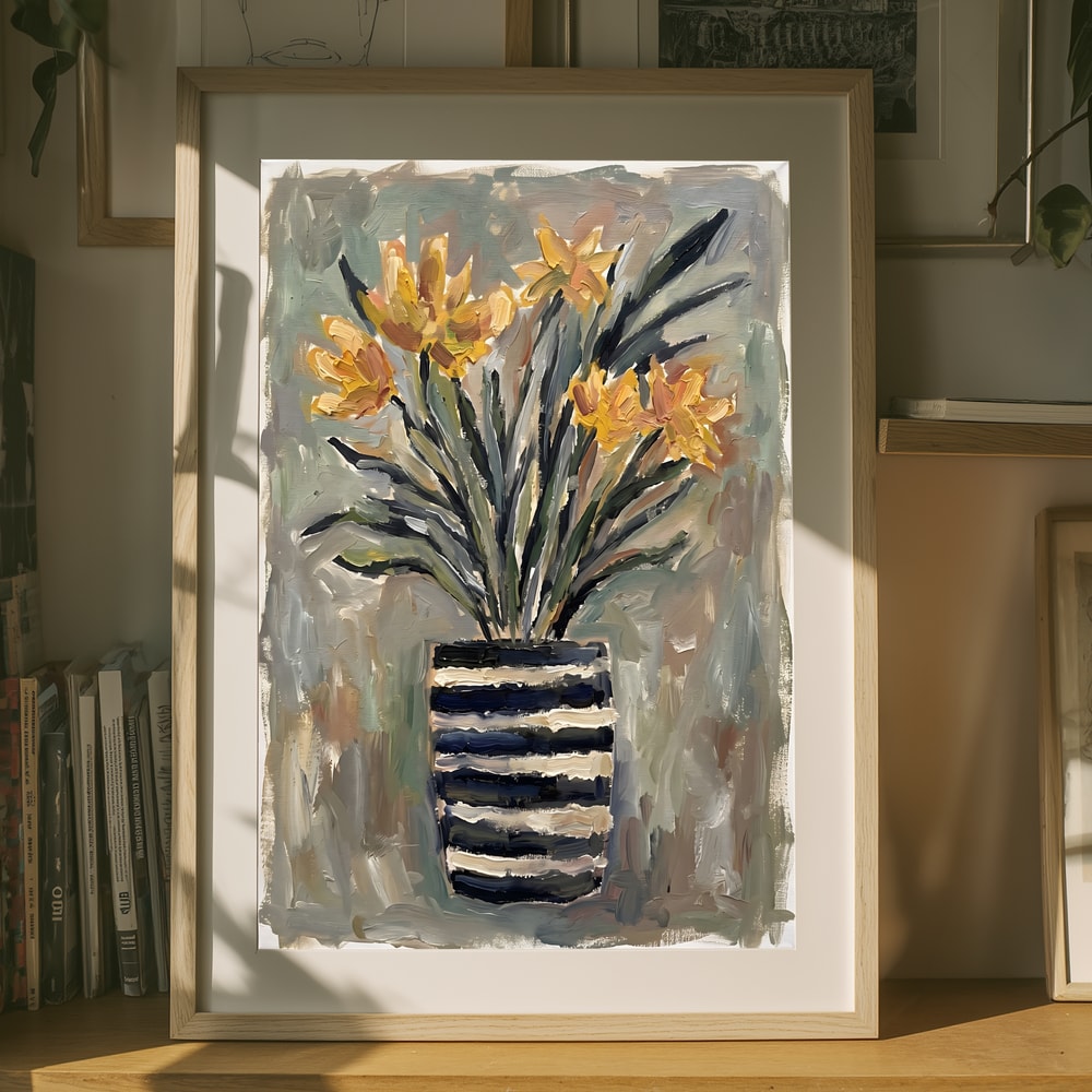 Yellow Flowers Striped Vase Poster