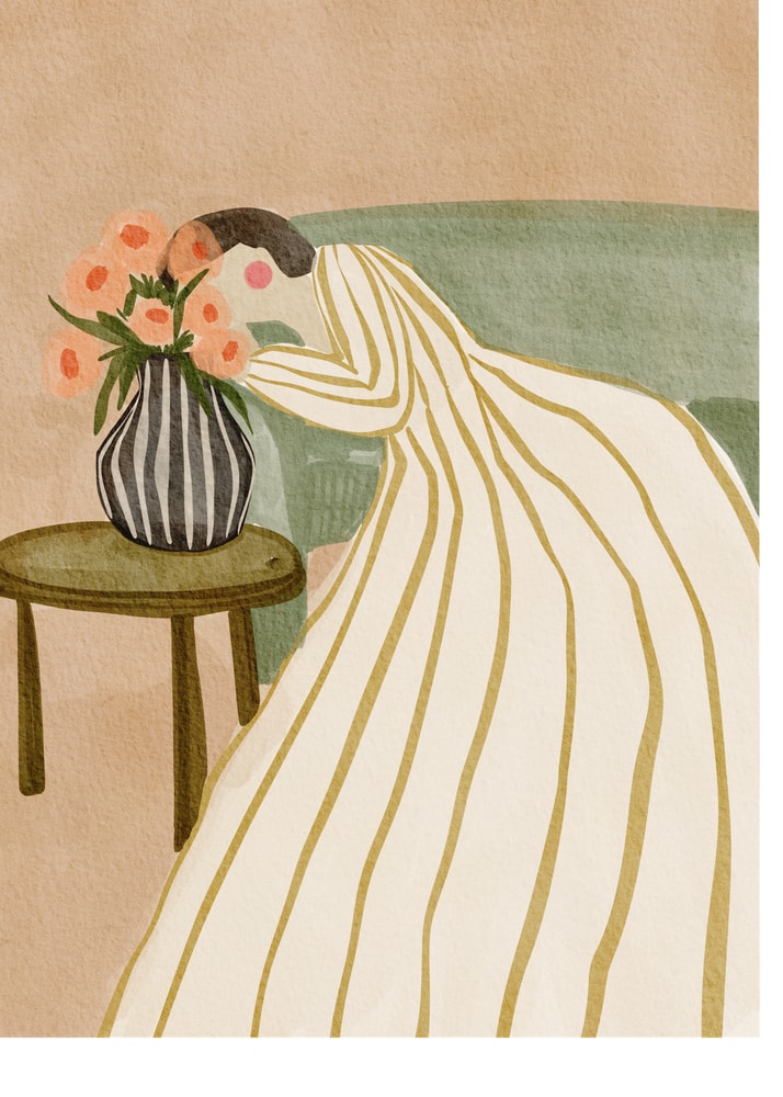 Kvinna som beundrar blommor Poster