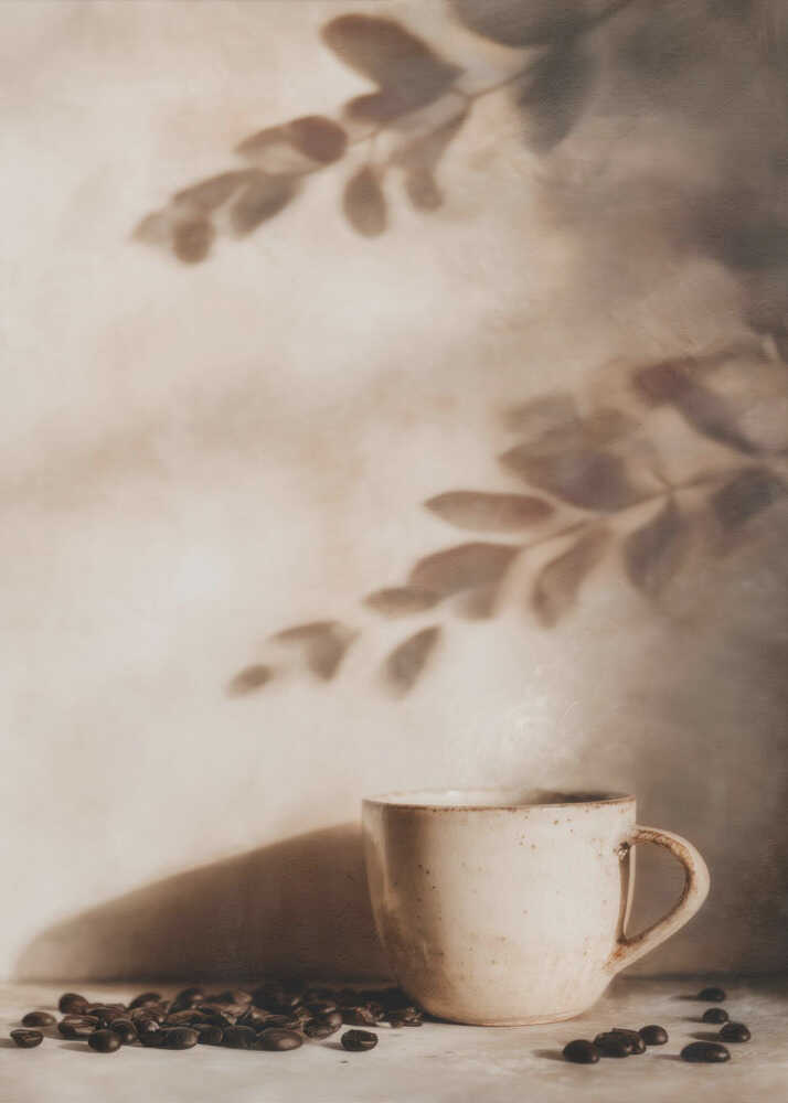 Ceramic coffee cup poster with a beige cup, coffee beans and leaf shadows