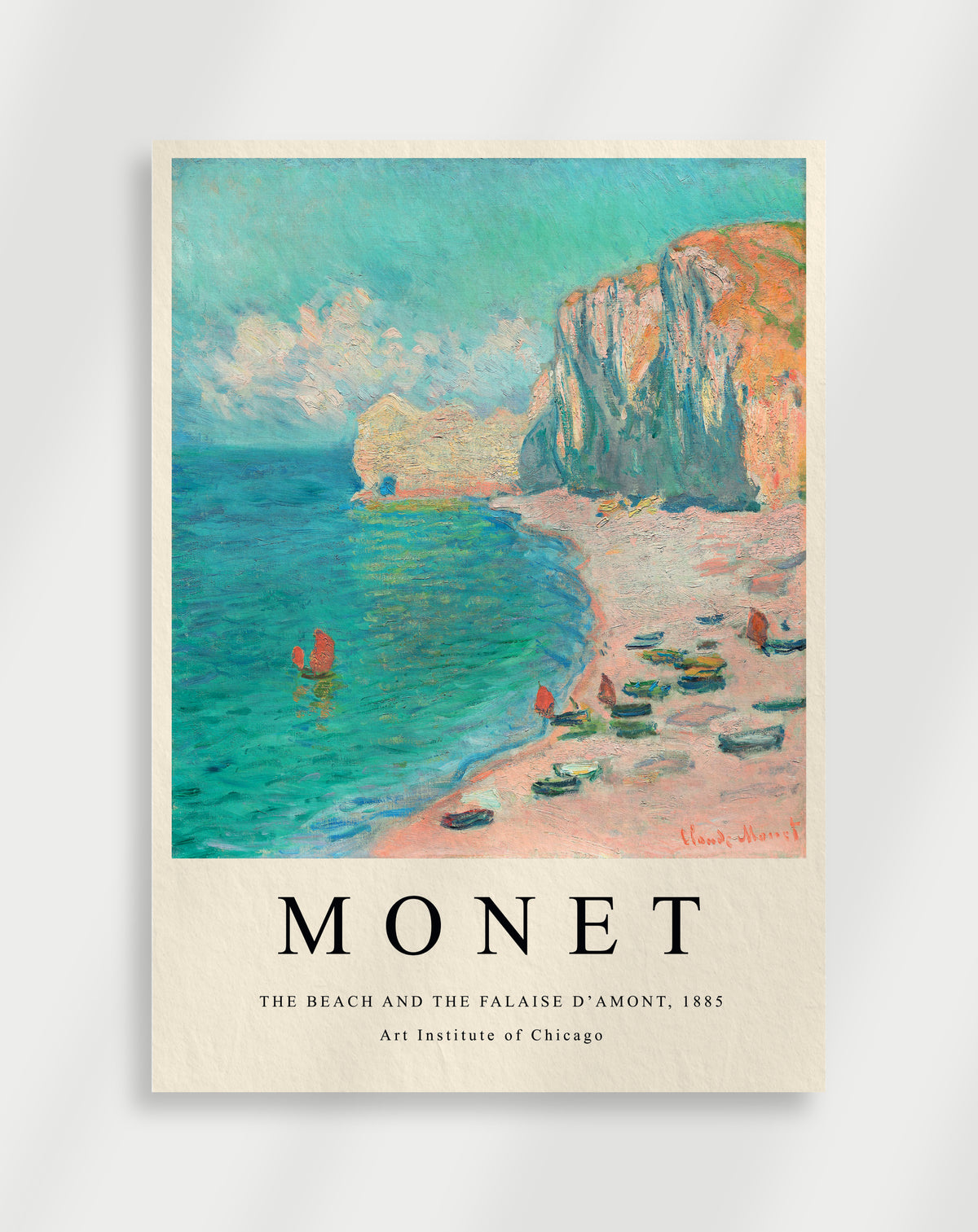 A poster featuring a Claude Monet painting with a coastal scene and the text 'MONET' along with the title 'The Beach and the Falaise d'Amont, 1885' at the bottom.