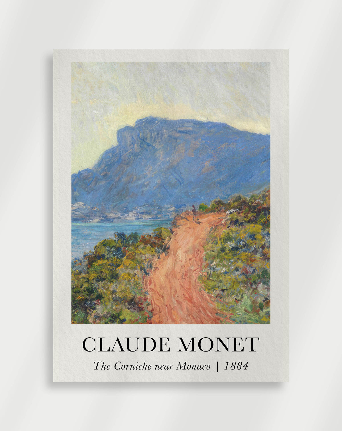 A poster of Claude Monet's painting 'The Corniche near Monaco, 1884' showcasing a scenic view of a path in Monaco with vibrant colors and impressionistic style.