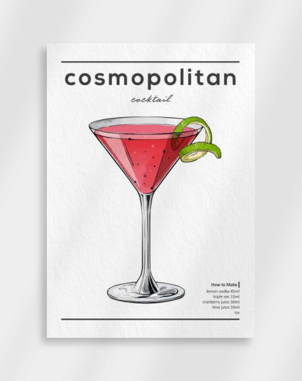 Cosmopolitan illustration poster with a line drawing of a cosmopolitan cocktail in a martini glass with a lime twist