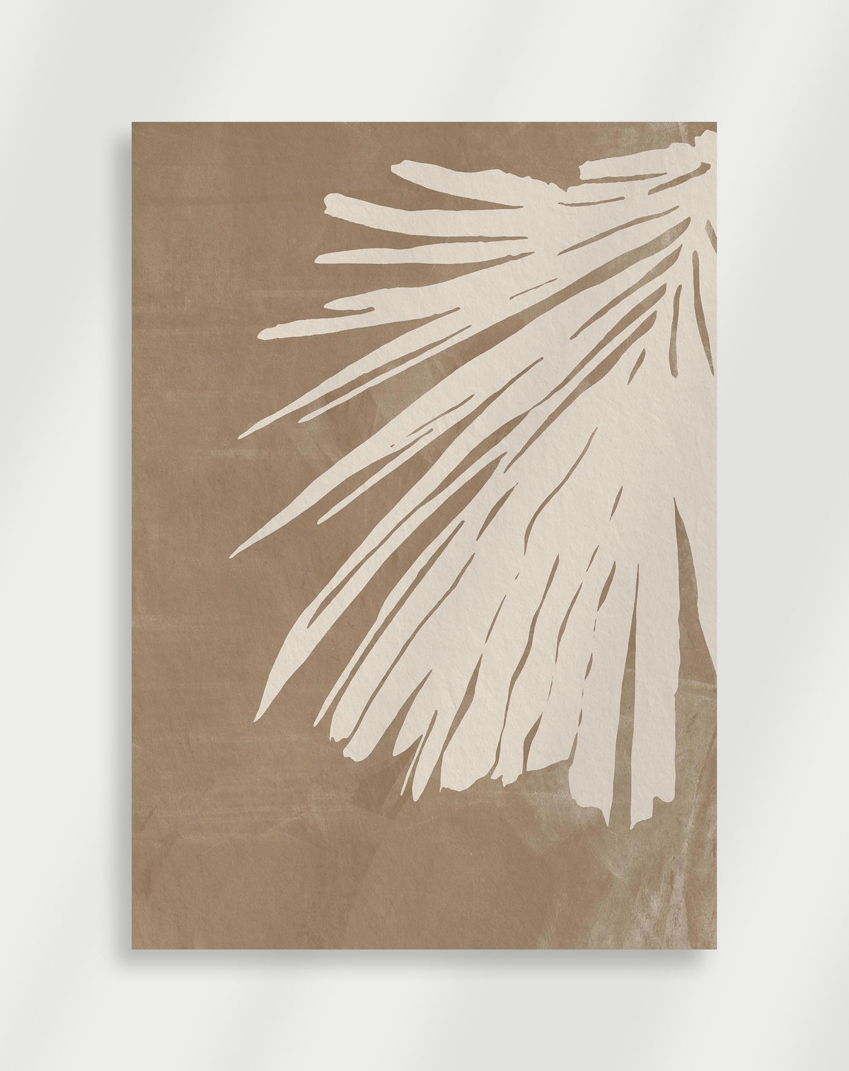 Cream palm leaf silhouette poster with a white silhouette of a palm leaf on a textured beige background