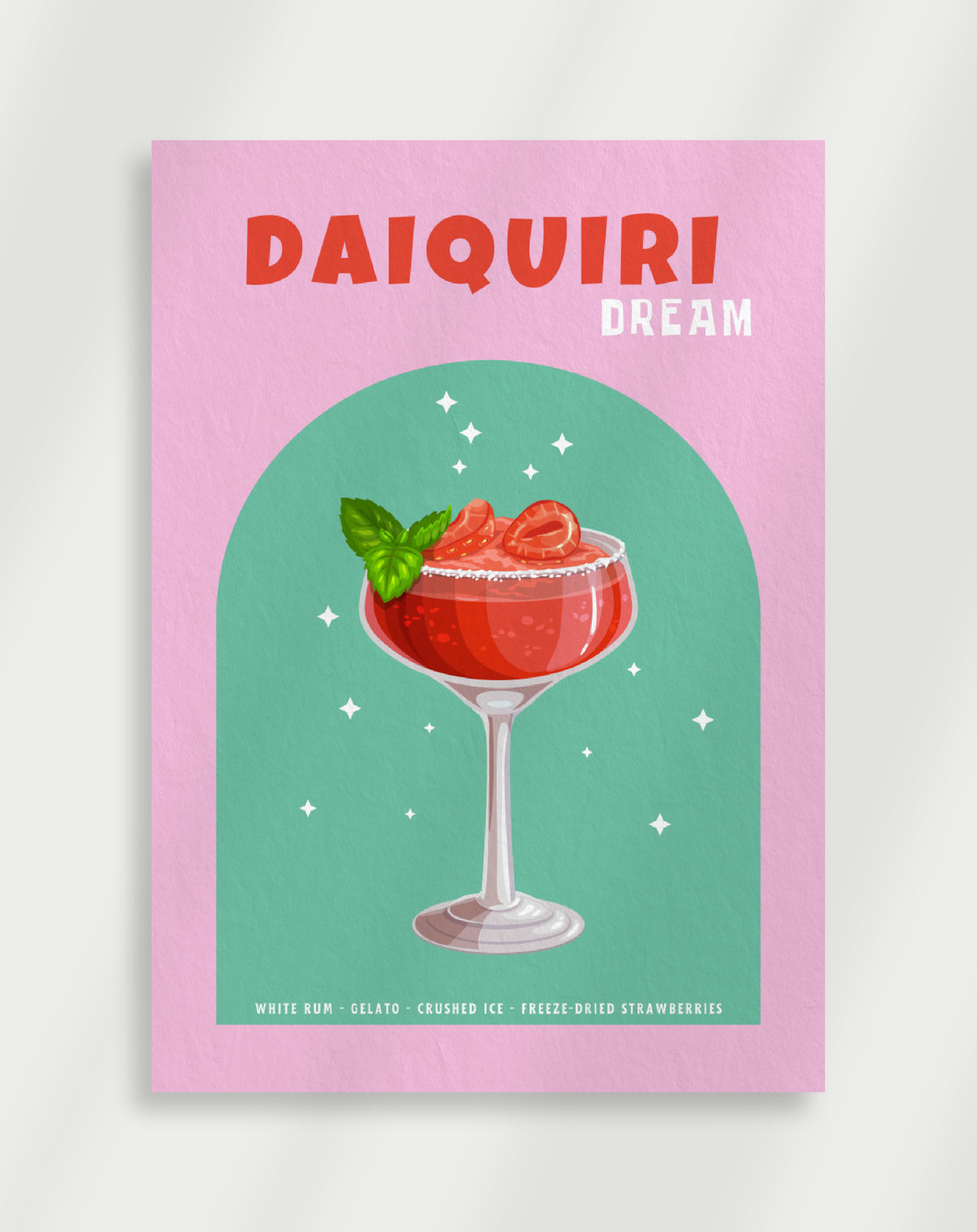 Daiquiri dream poster with a colorful graphic of a daiquiri cocktail in a coupe glass with strawberries and mint