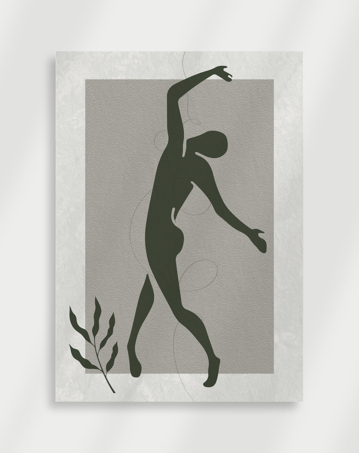 Dancing figure silhouette poster with a dark green silhouette of a dancing figure and a small plant on a gray background