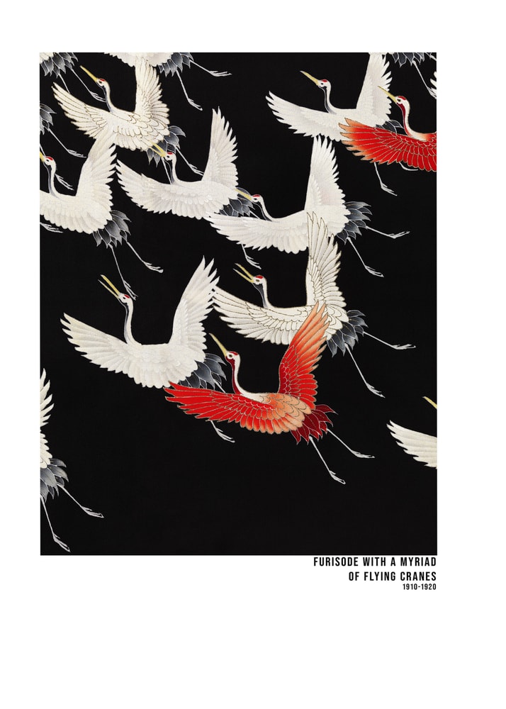 Furisode med en myriad av flygande tranor (1910–1920) Japansk Poster