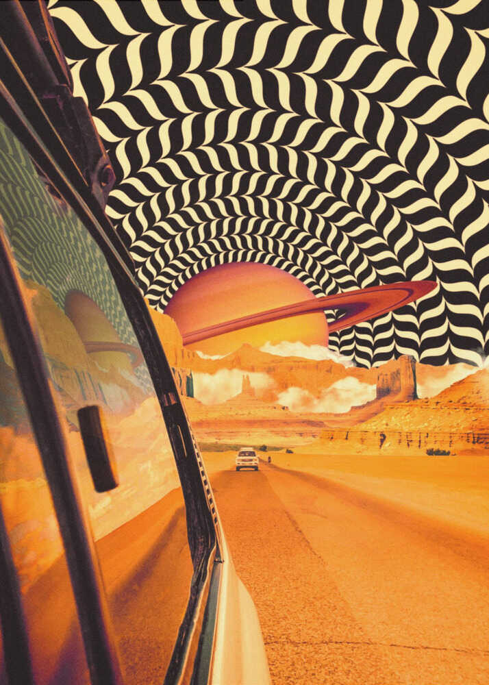 Desert road planet poster with a car on a desert road, a ringed planet and a wavy pattern sky