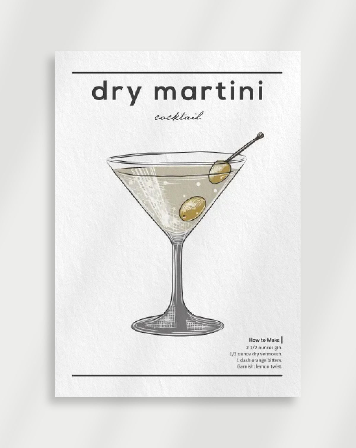 Dry martini illustration poster with a line drawing of a dry martini in a glass with olives