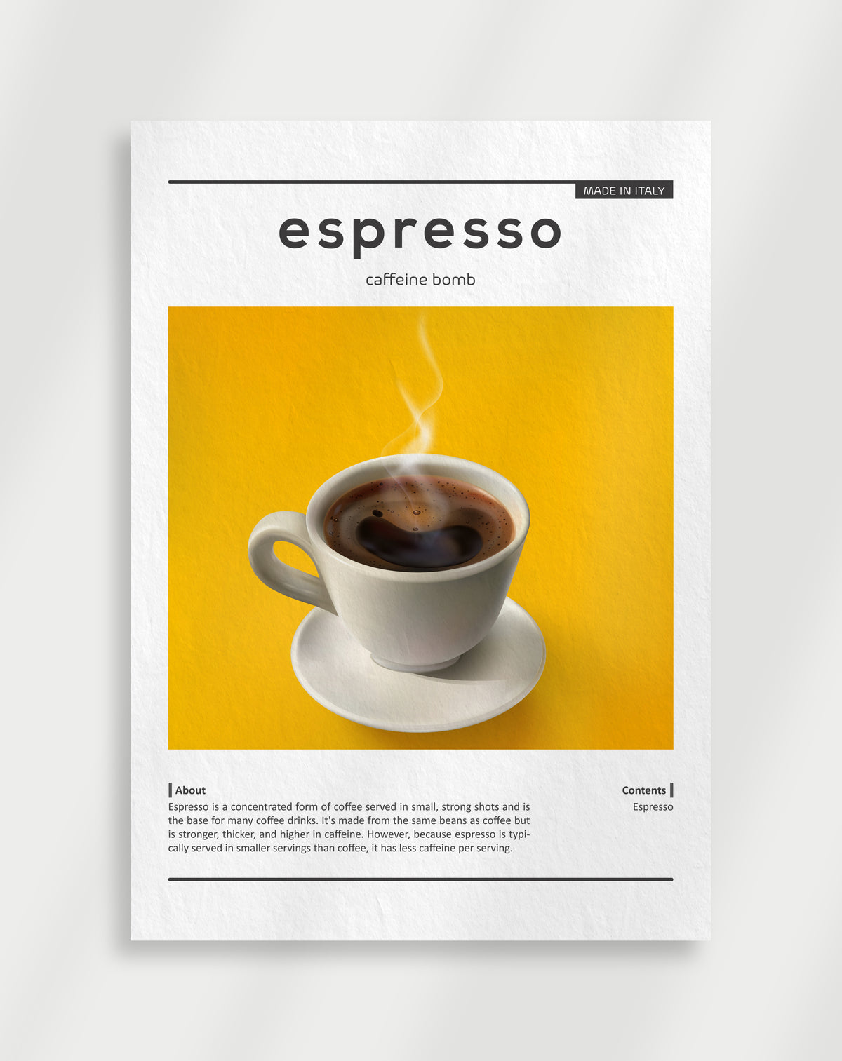 Espresso caffeine bomb poster with a white cup of espresso on yellow