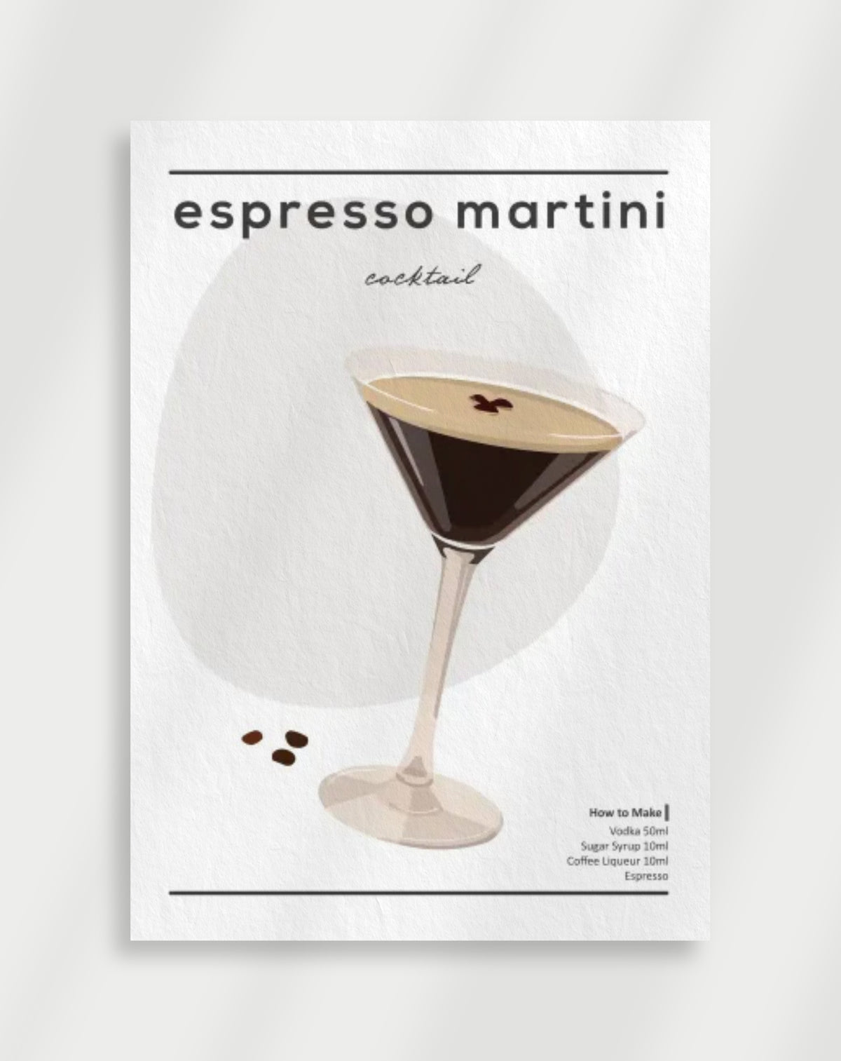 Espresso martini illustration poster with a minimalist drawing of an espresso martini in a glass with coffee beans