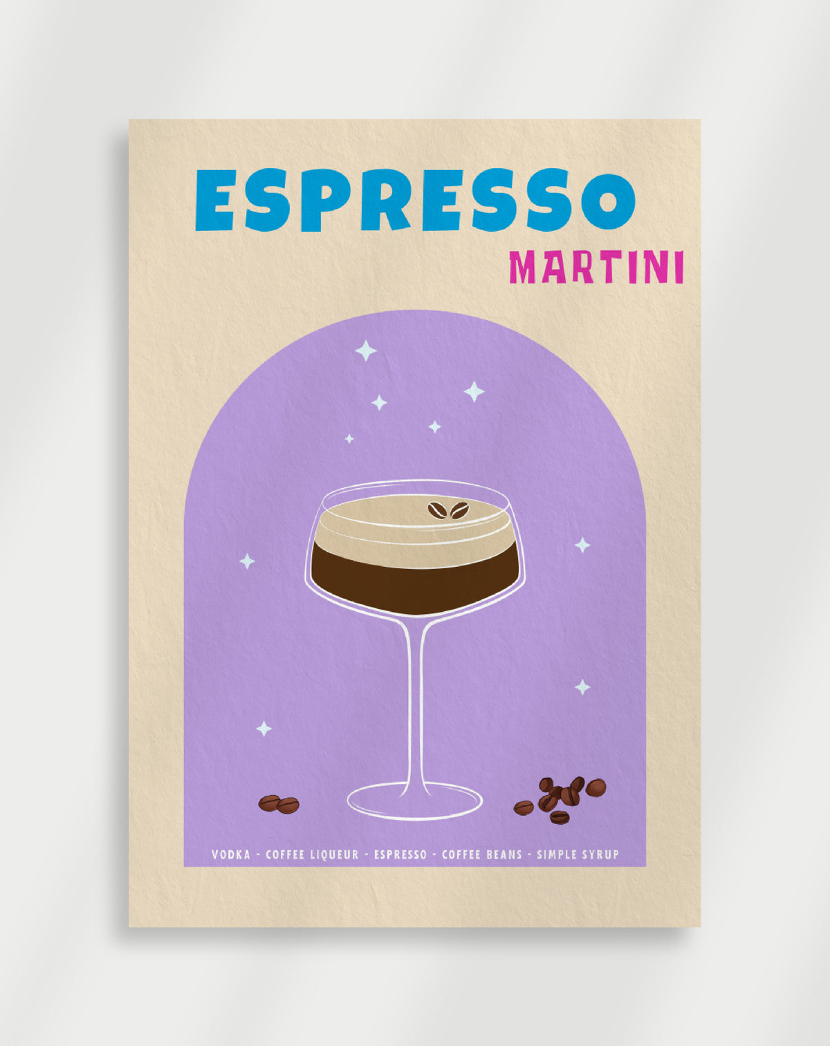Espresso martini purple poster with a graphic of an espresso martini in a coupe glass on a purple background