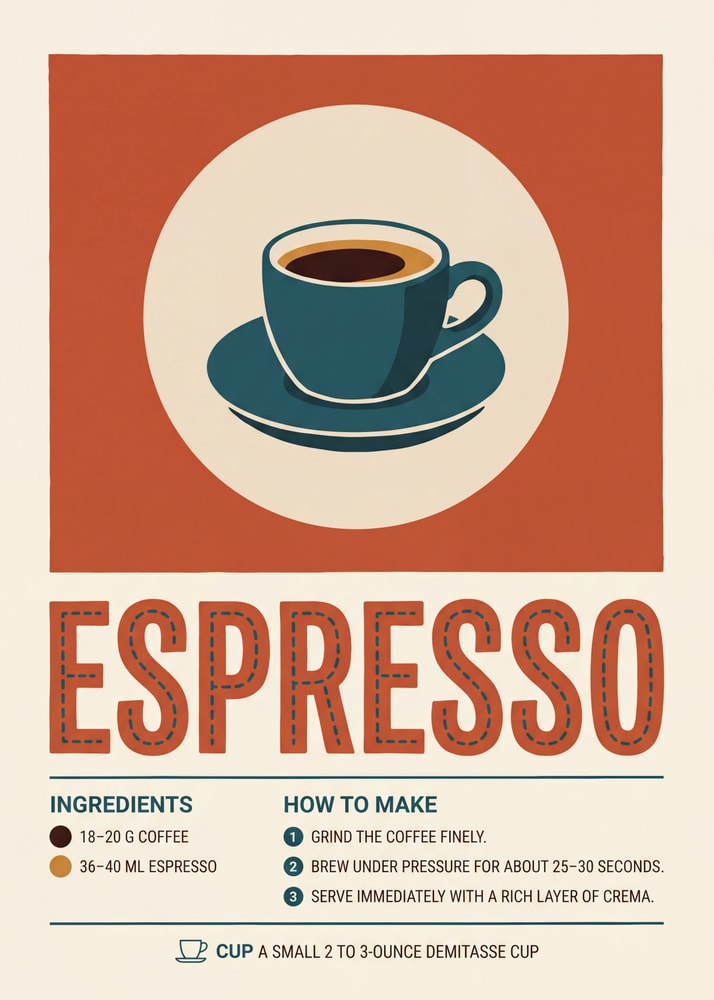 Espresso recipe poster with a coffee cup illustration and how-to text