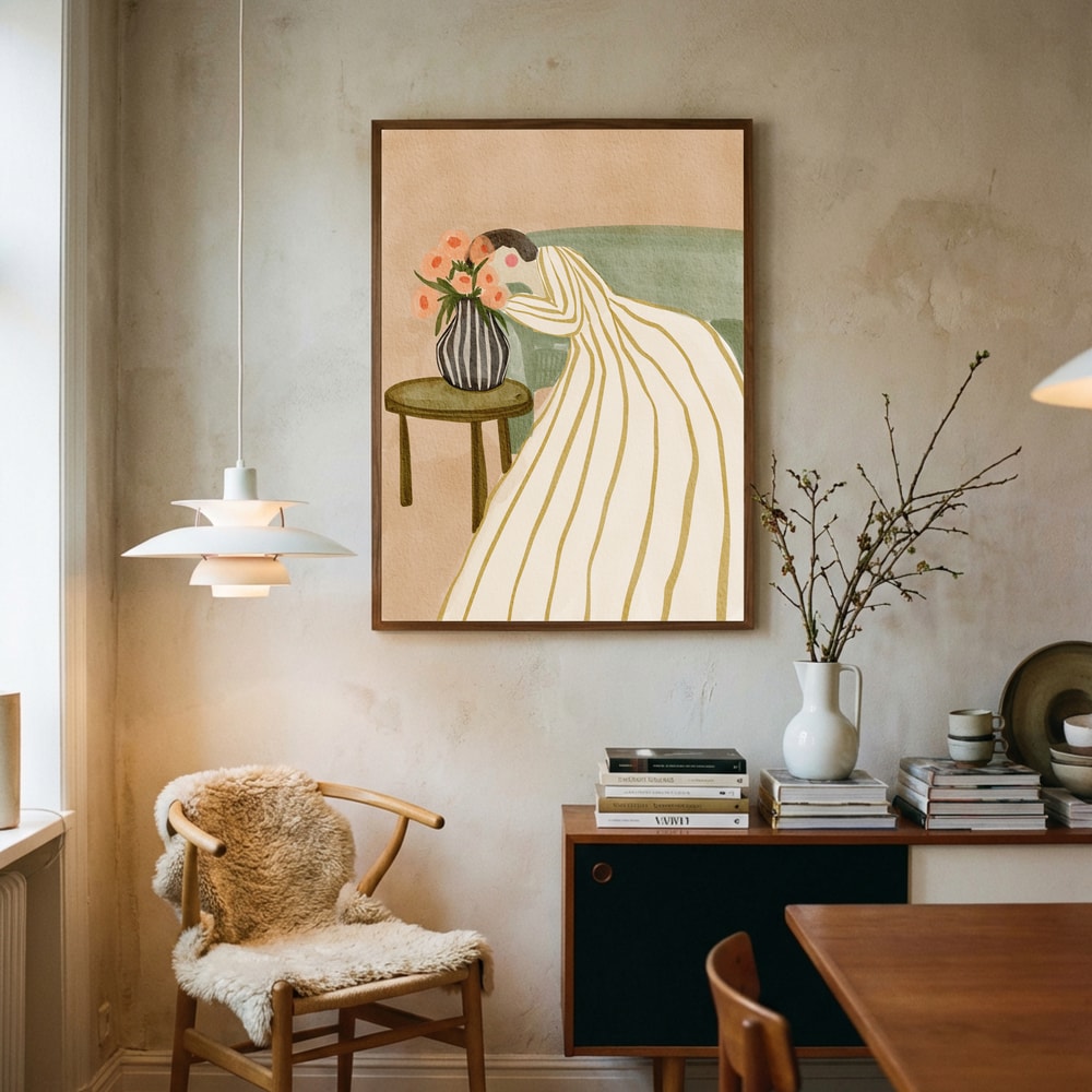 Kvinna som beundrar blommor Poster