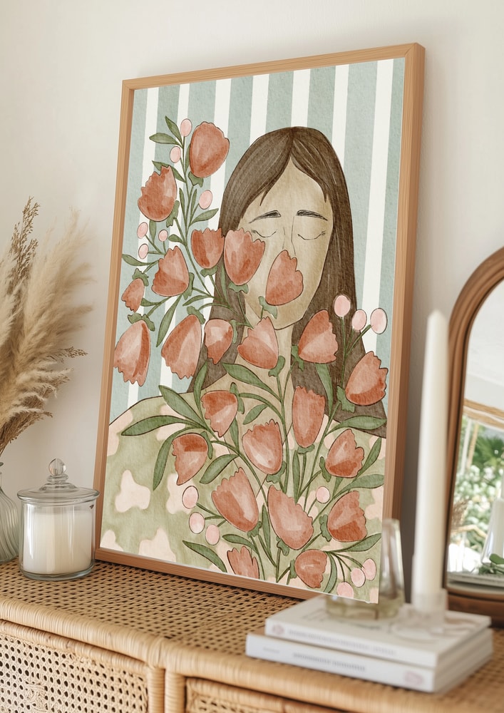 Serene kvinde med blomster plakat