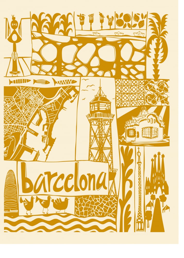 Illustrated Barcelona Landmarks Poster