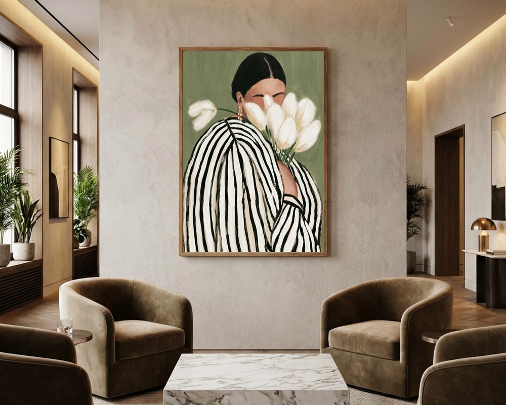 Woman with flowers, striped woman with tulips illustration Poster