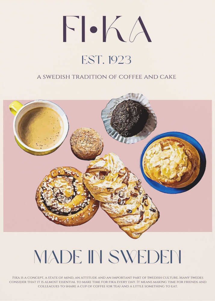 Fika EST 1923 poster with coffee, pastries and the text Fika on pink
