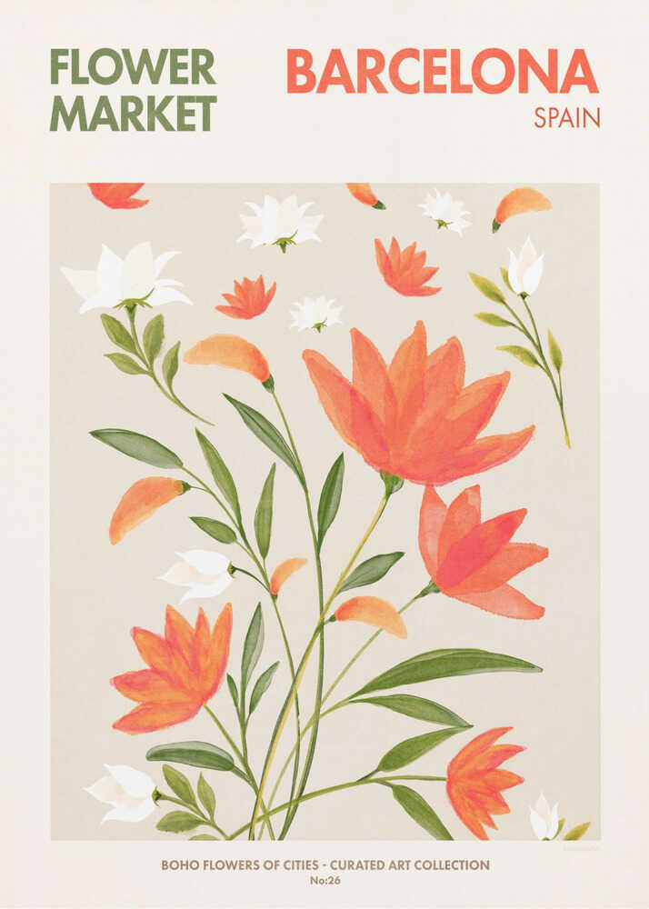 Flower market Barcelona poster with a botanical pattern of orange and white flowers and green leaves labeled Flower Market Barcelona Spain