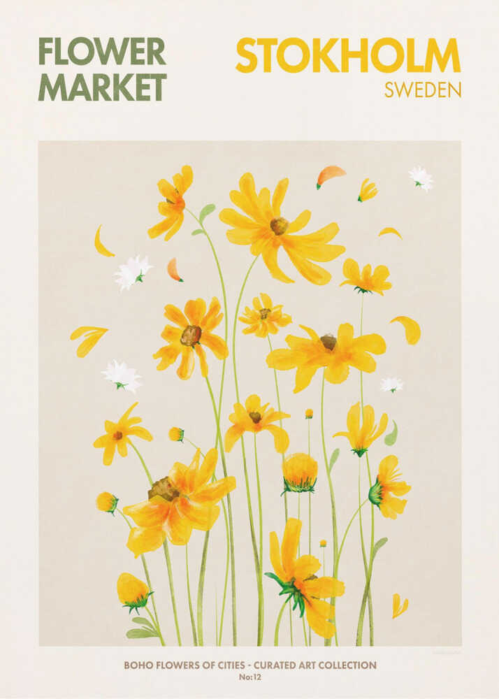 Flower market Stockholm poster with a botanical pattern of yellow flowers labeled Flower Market Stockholm Sweden