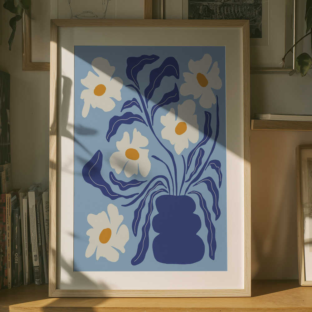 Blå blommig vas Poster