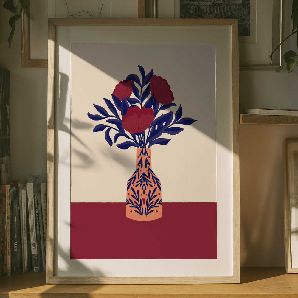 Vinröda vallmoblommor i en vas Poster