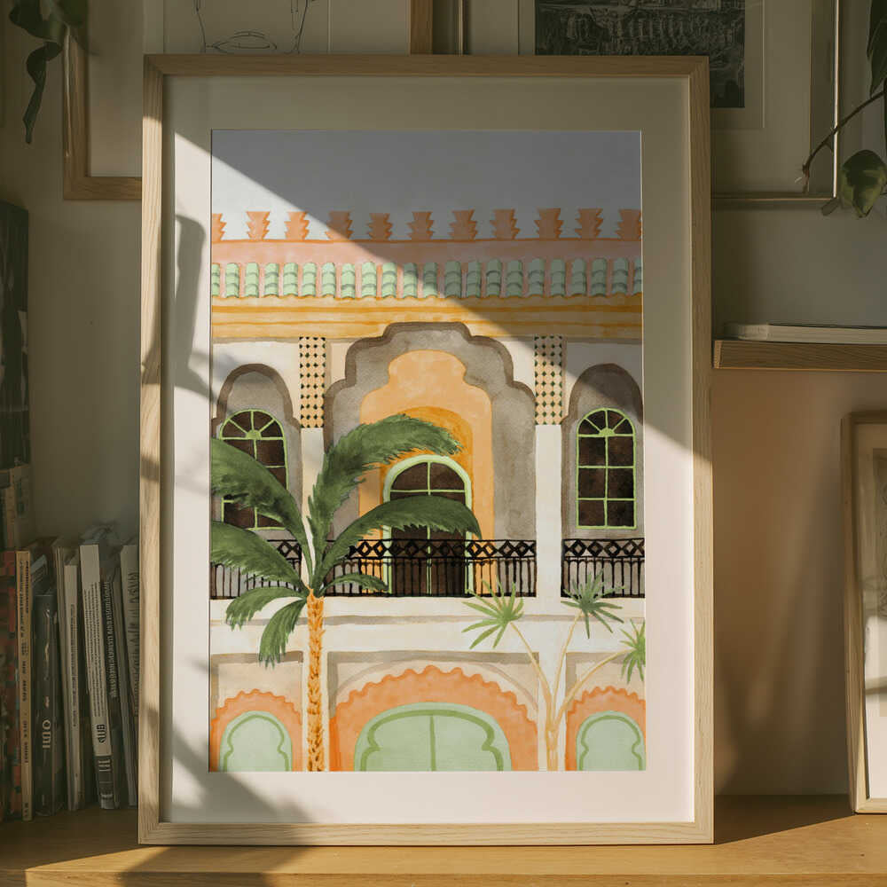 Marockansk byggnad med palmer Poster