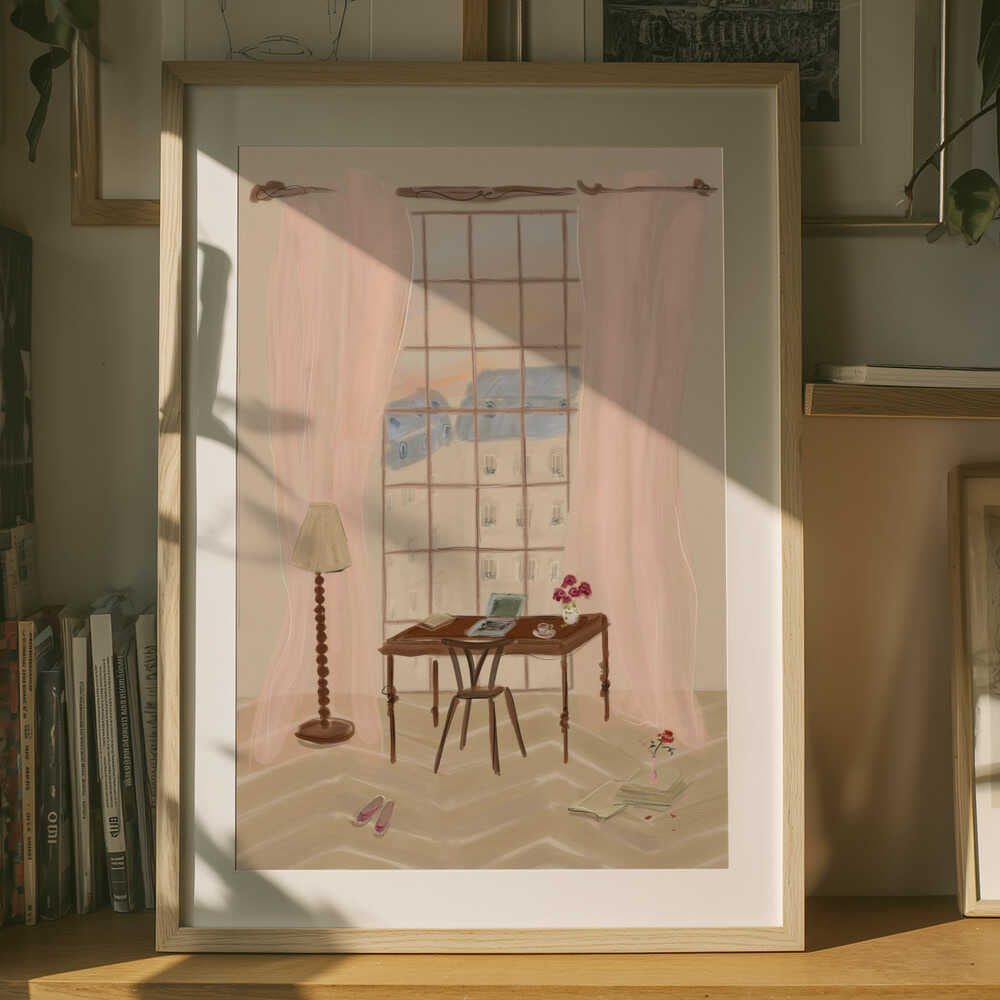 Paris Vinduesudsigt Illustration med Rustikt Skrivebord Plakat