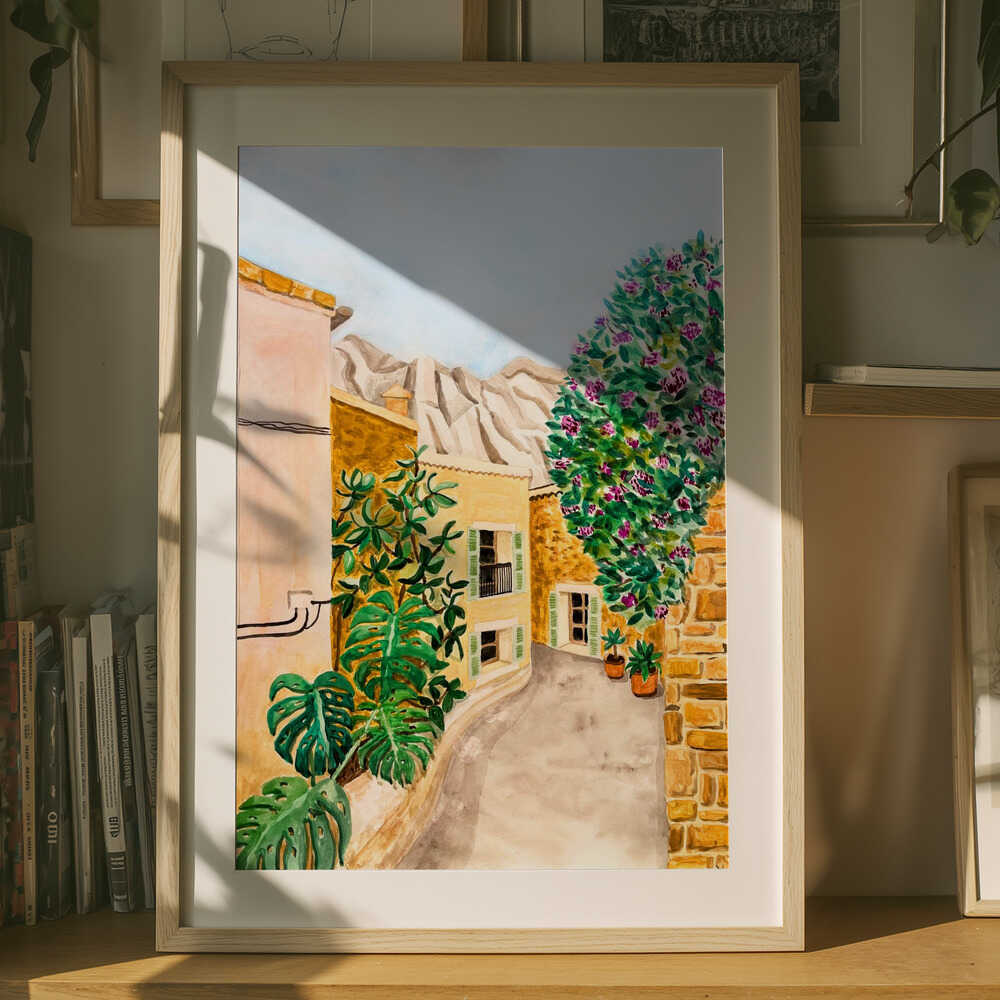 Solig europeisk bygata Poster