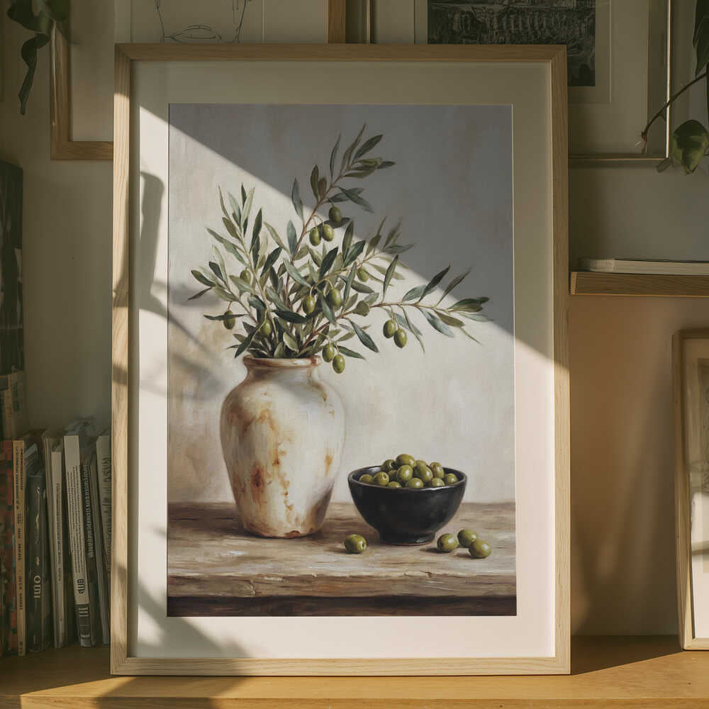 En keramisk skål med oliver-poster