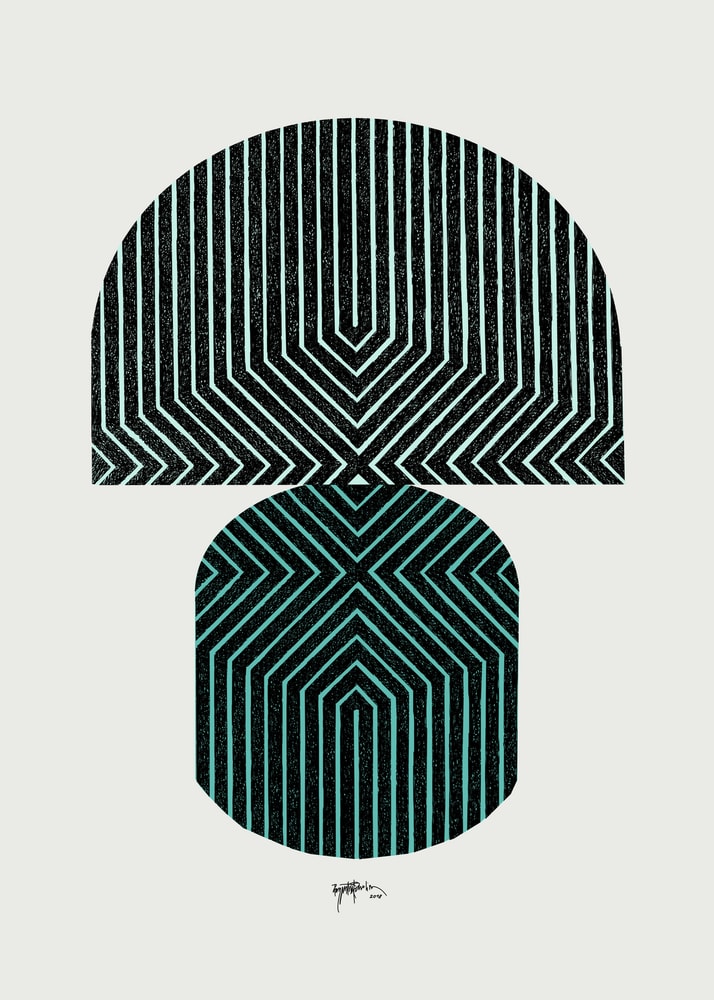 Geometric optical black teal poster with a geometric optical composition of black and teal chevron patterns in arched shapes