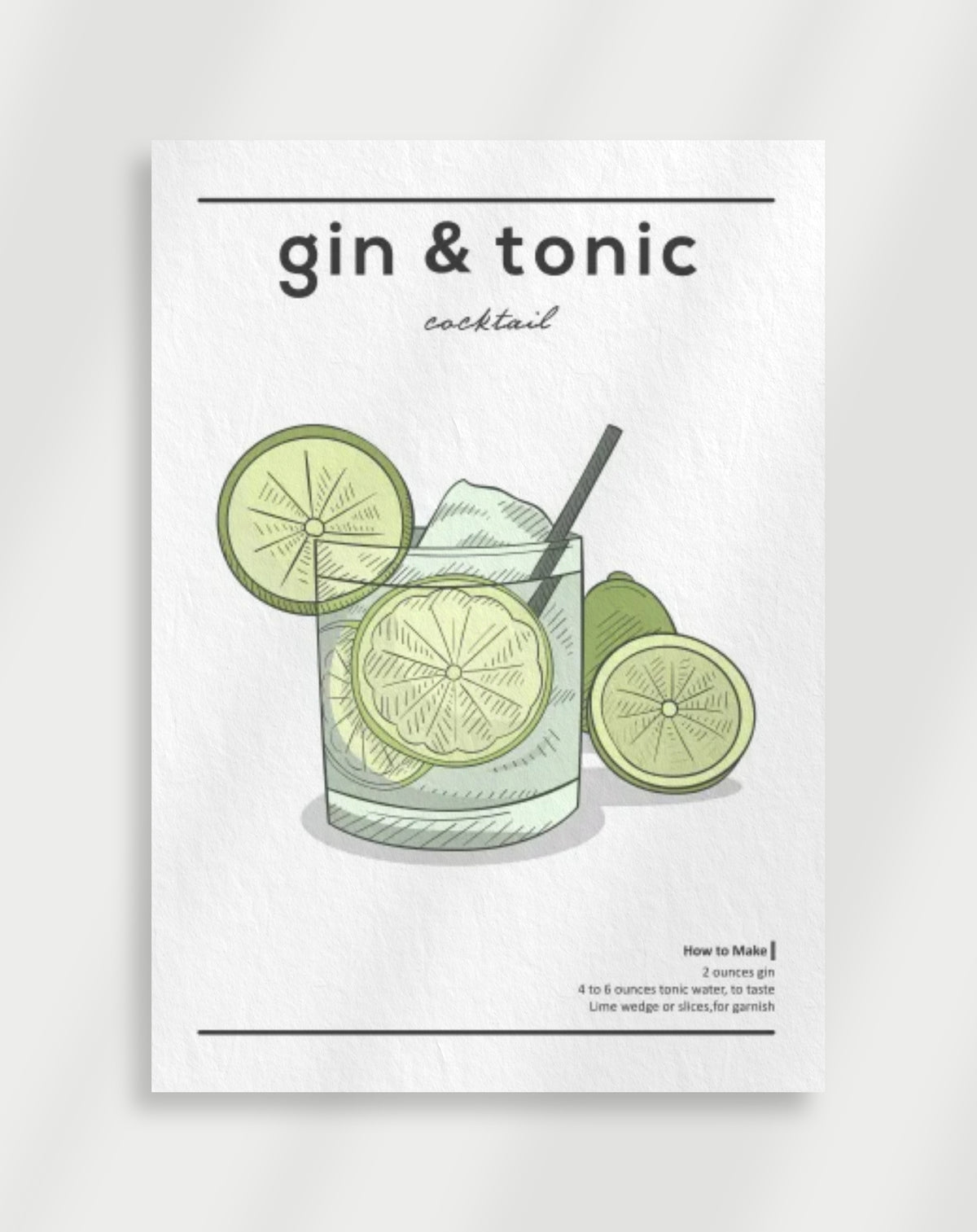 Gin and tonic illustration poster with a line drawing of a gin and tonic in a glass with lime slices and a straw