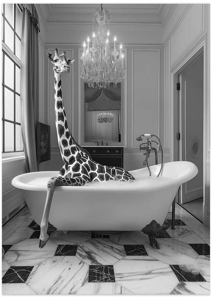 Giraffe bathtub bw poster with a black and white view of a giraffe in a luxurious bathtub