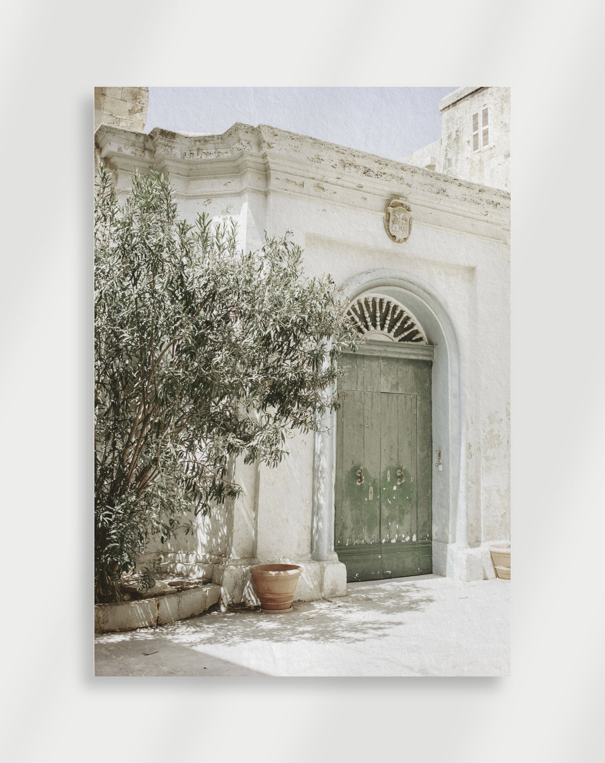 Green door olive tree poster with a green arched door on a white stone building and an olive tree