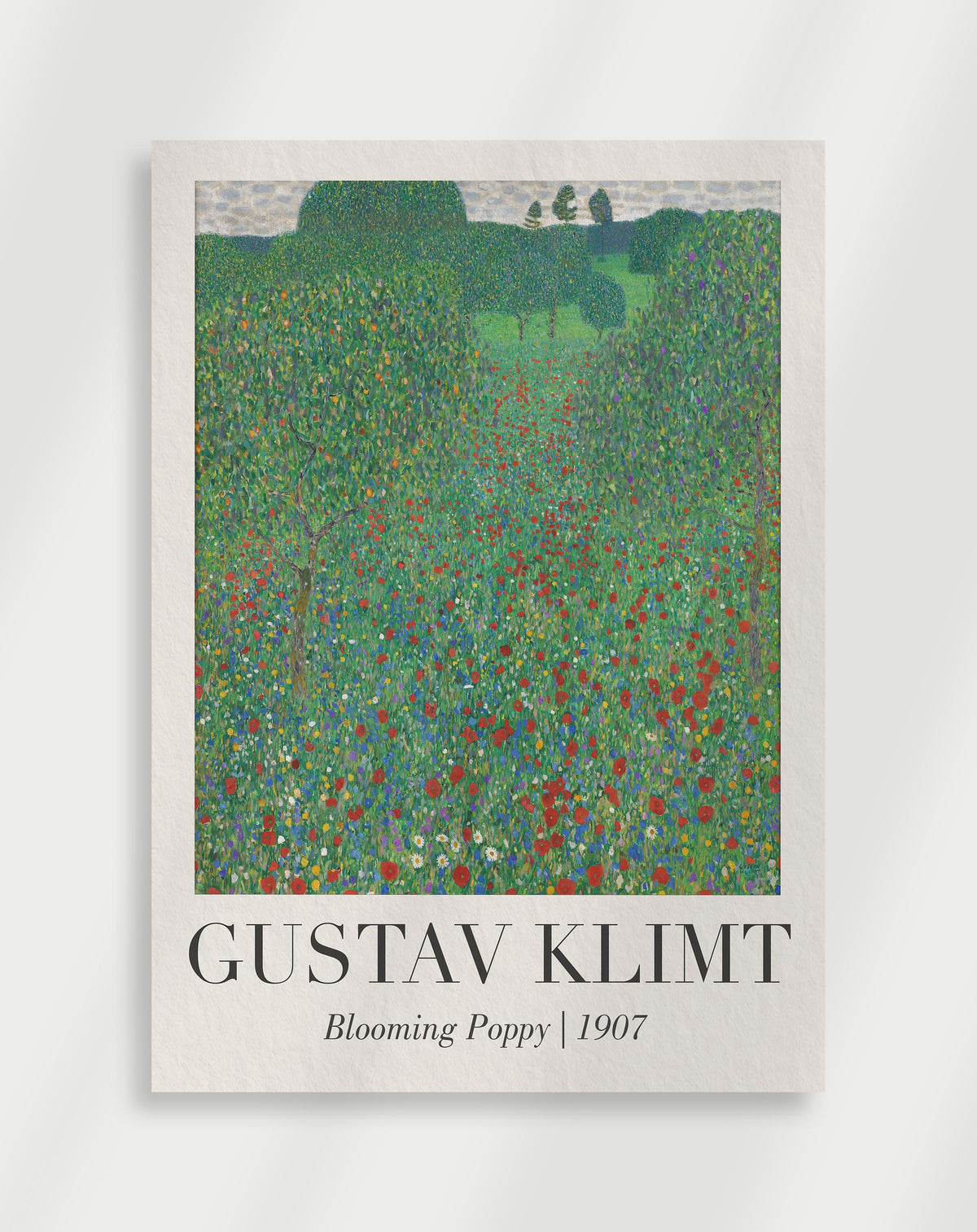 Gustav Klimt Blooming Poppy 1907 poster with a Gustav Klimt painting of a vibrant field of red poppies and colorful flowers