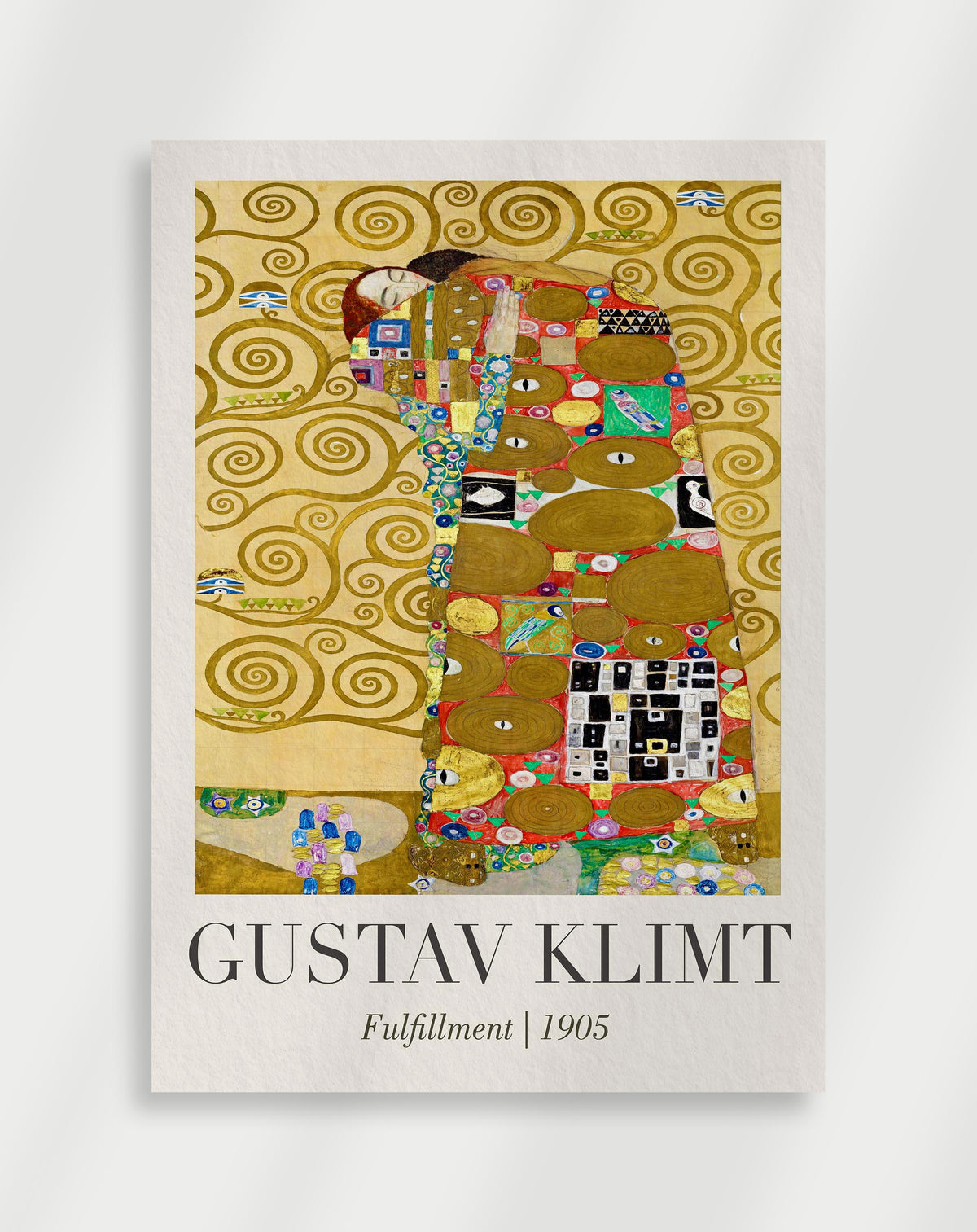 Gustav Klimt Fulfillment 1905 poster with a Gustav Klimt painting of an embracing couple with ornate golden patterns