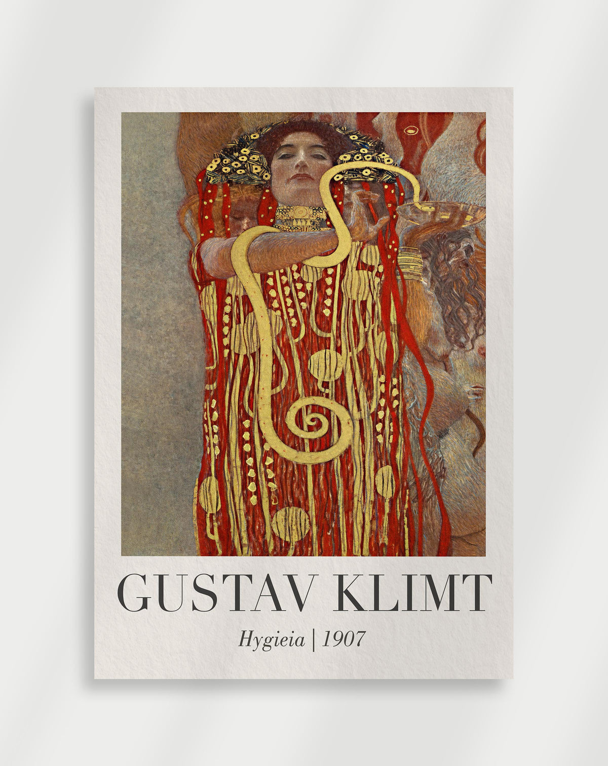 Gustav Klimt Hygieia 1907 poster with a Gustav Klimt painting of Hygieia with a snake and ornate golden patterns