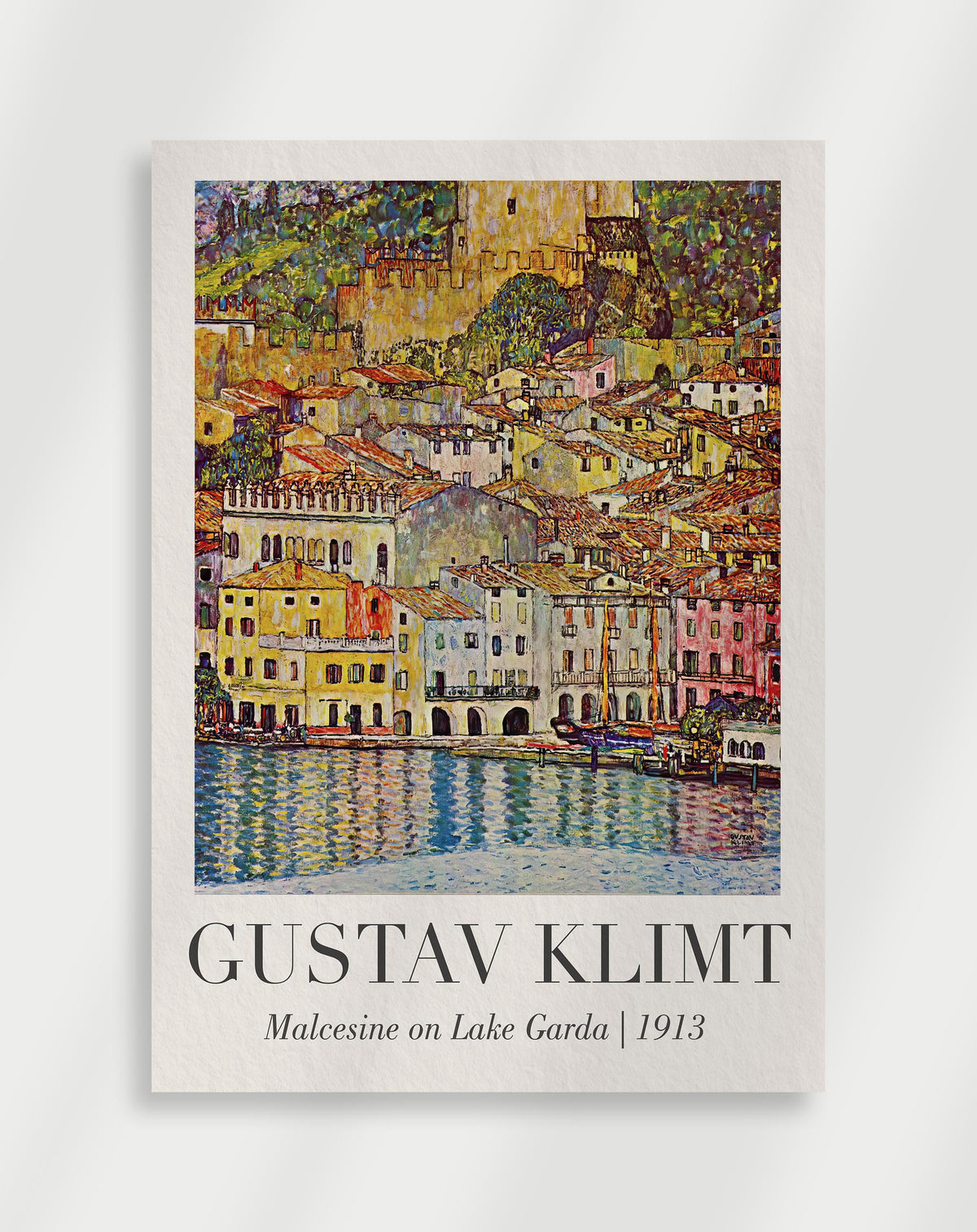 Gustav Klimt Malcesine on Lake Garda 1913 poster with a Gustav Klimt painting of a colorful town by the water with buildings