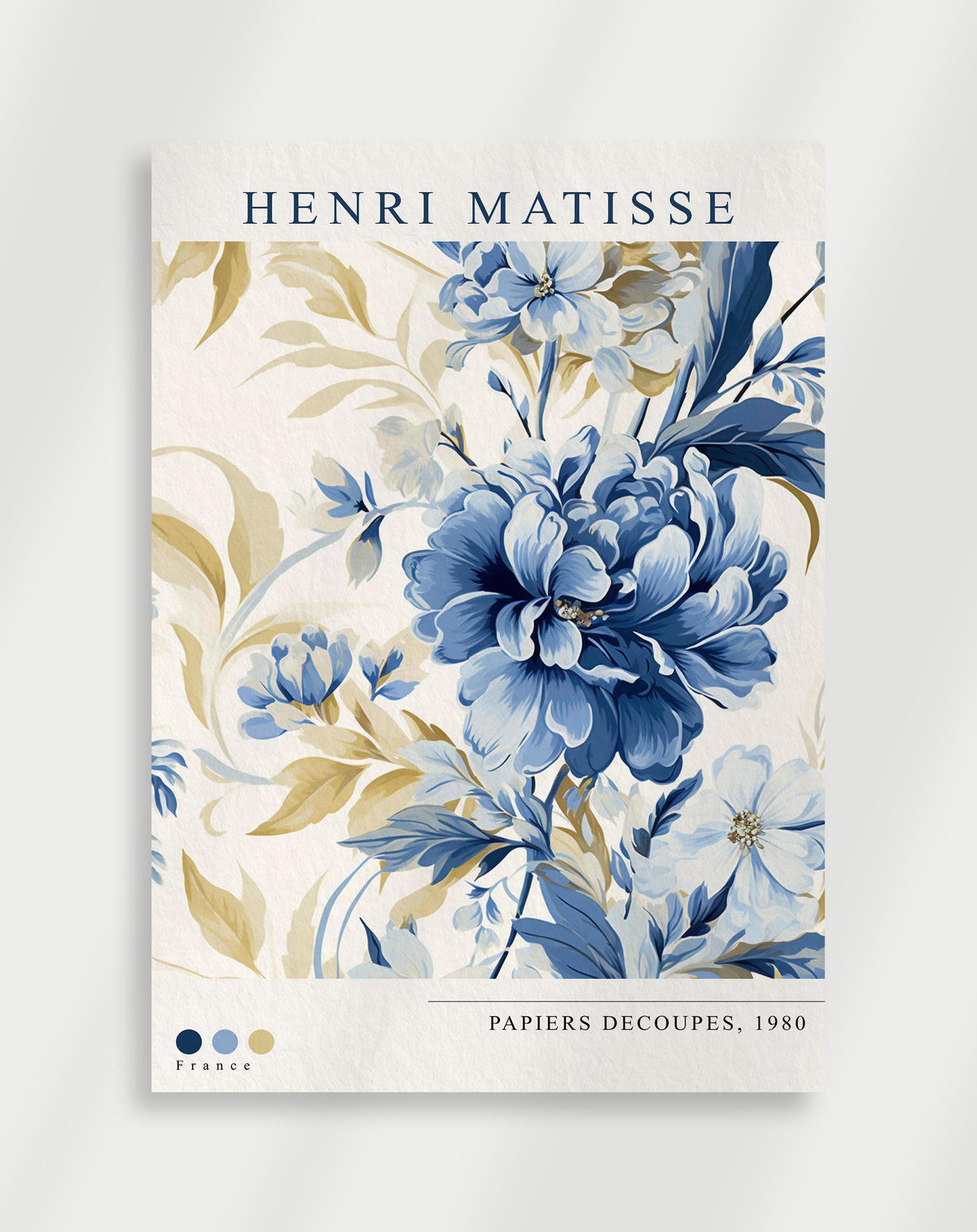 Henri Matisse style blue and gold flower poster on cream