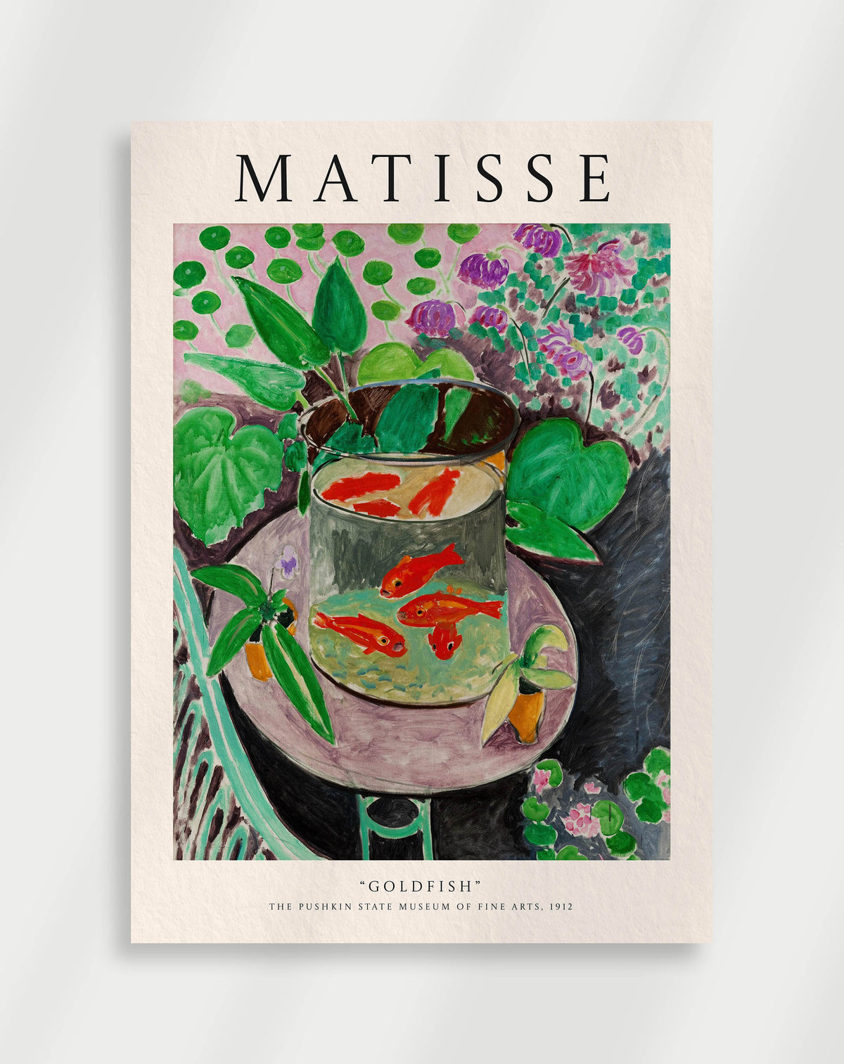 A colorful art poster featuring a still life with goldfish in a bowl, reflecting the style of Henri Matisse.